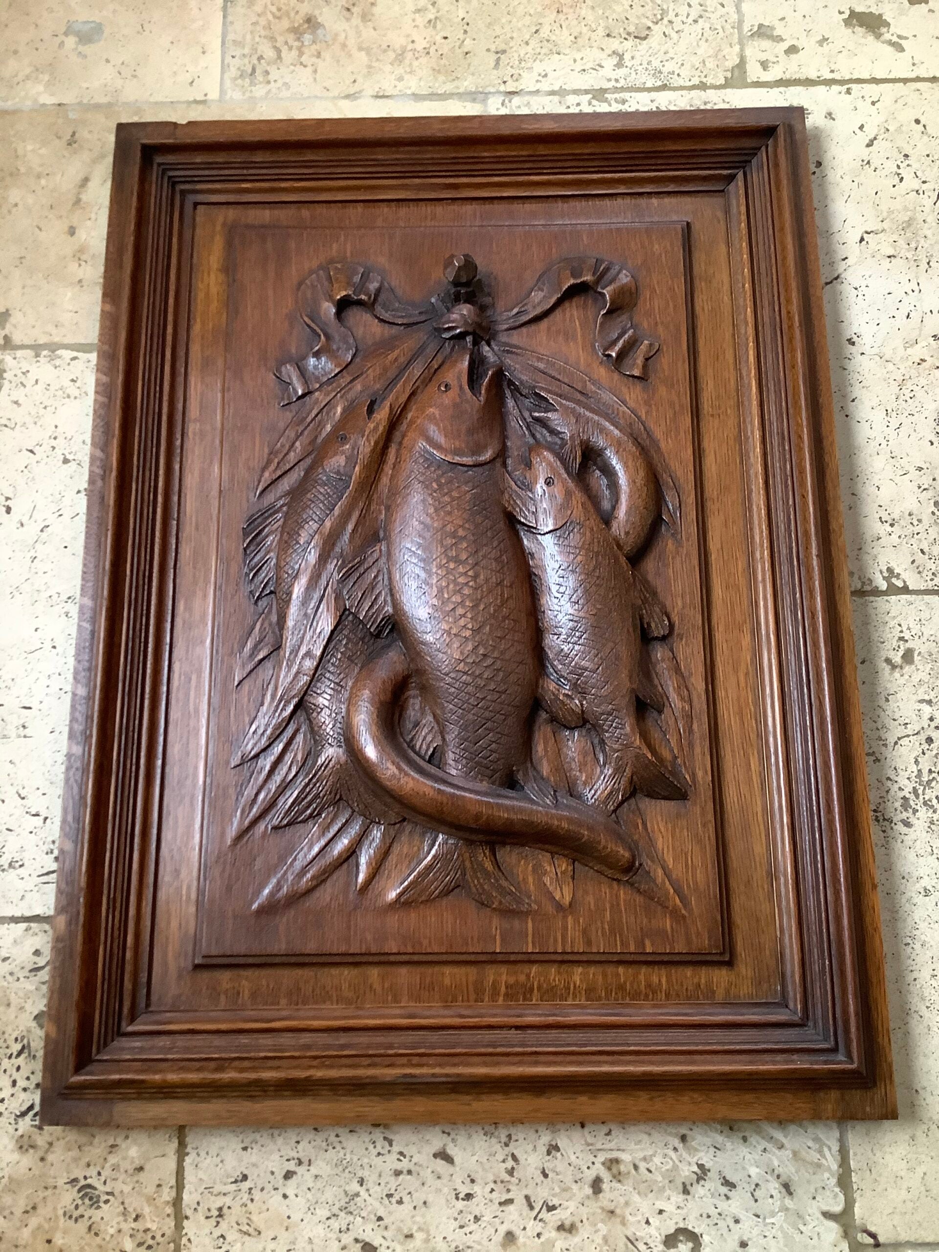 Stunning Antique Hardwood carved fishes on an Oak panel