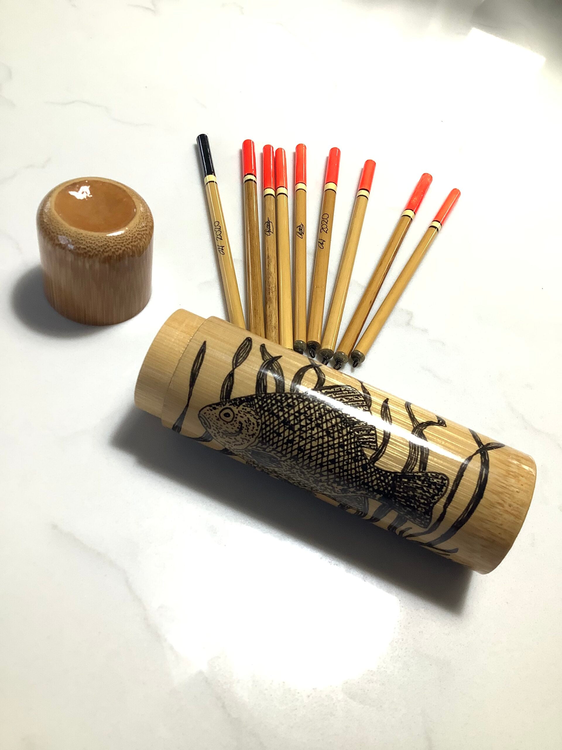 Jon Woods Hand crafted Small float Holder with hand made 9 x Reed Floats