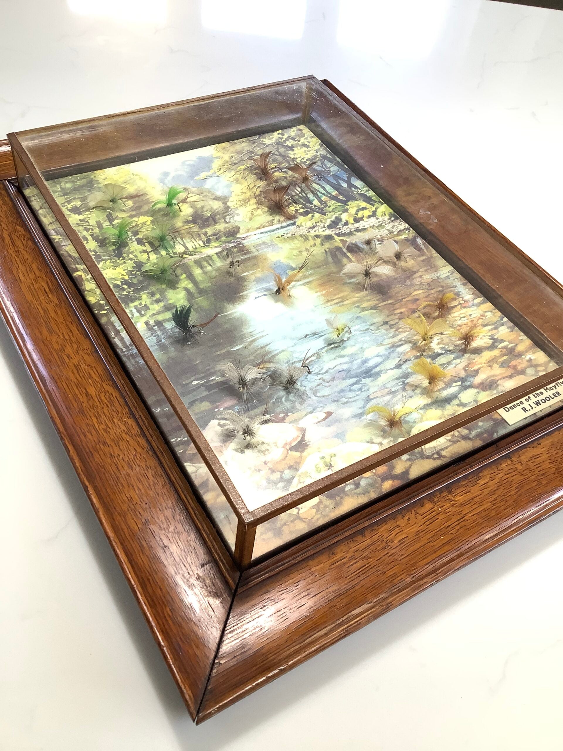 Antique Presentation set of Hand tied May Flies “ The Dance Of The Mayfly” set in an oak framed glass display with beautiful picture.