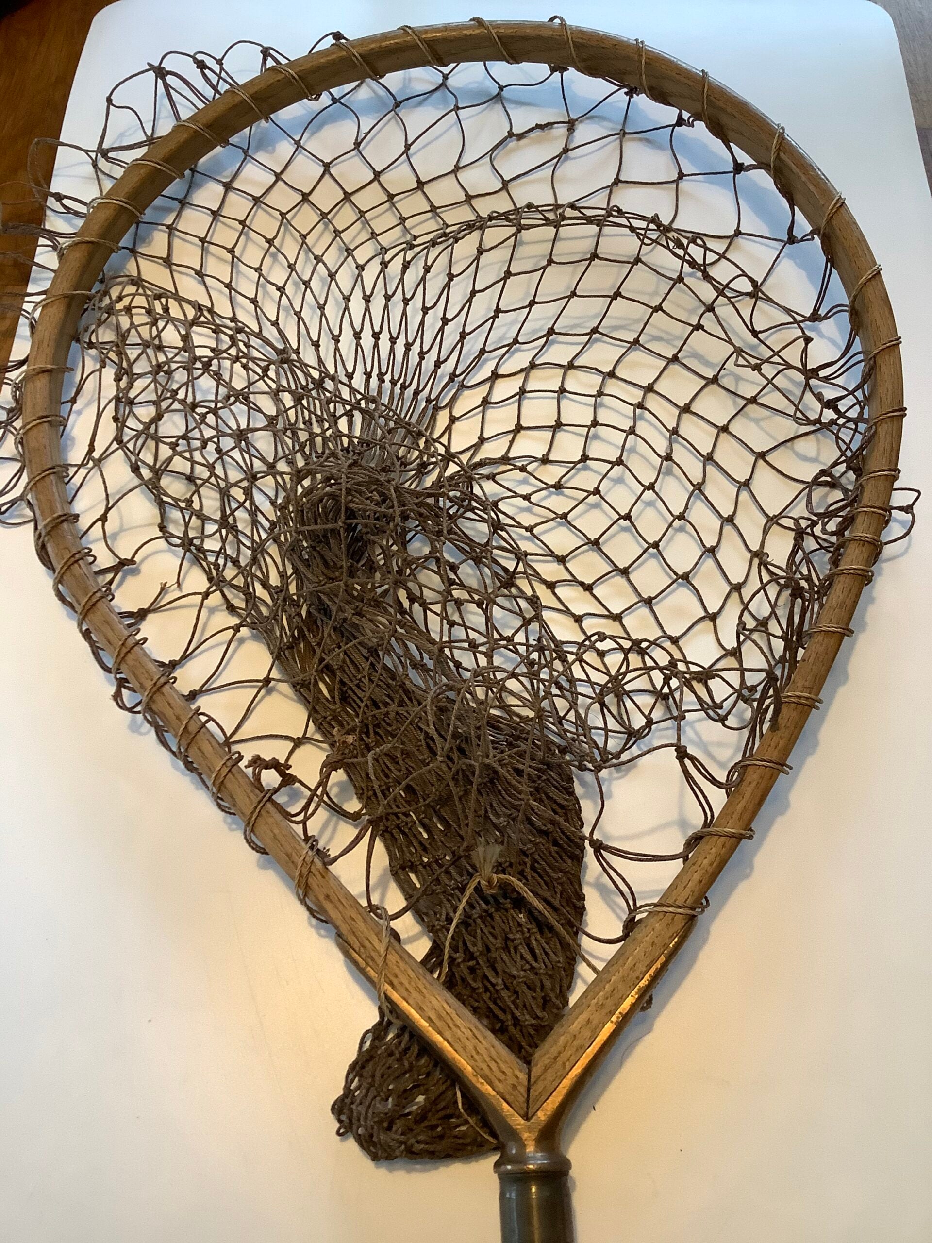 Rare Antique Hardy Bros Ash framed tear drop net with a flamed whole cane pole