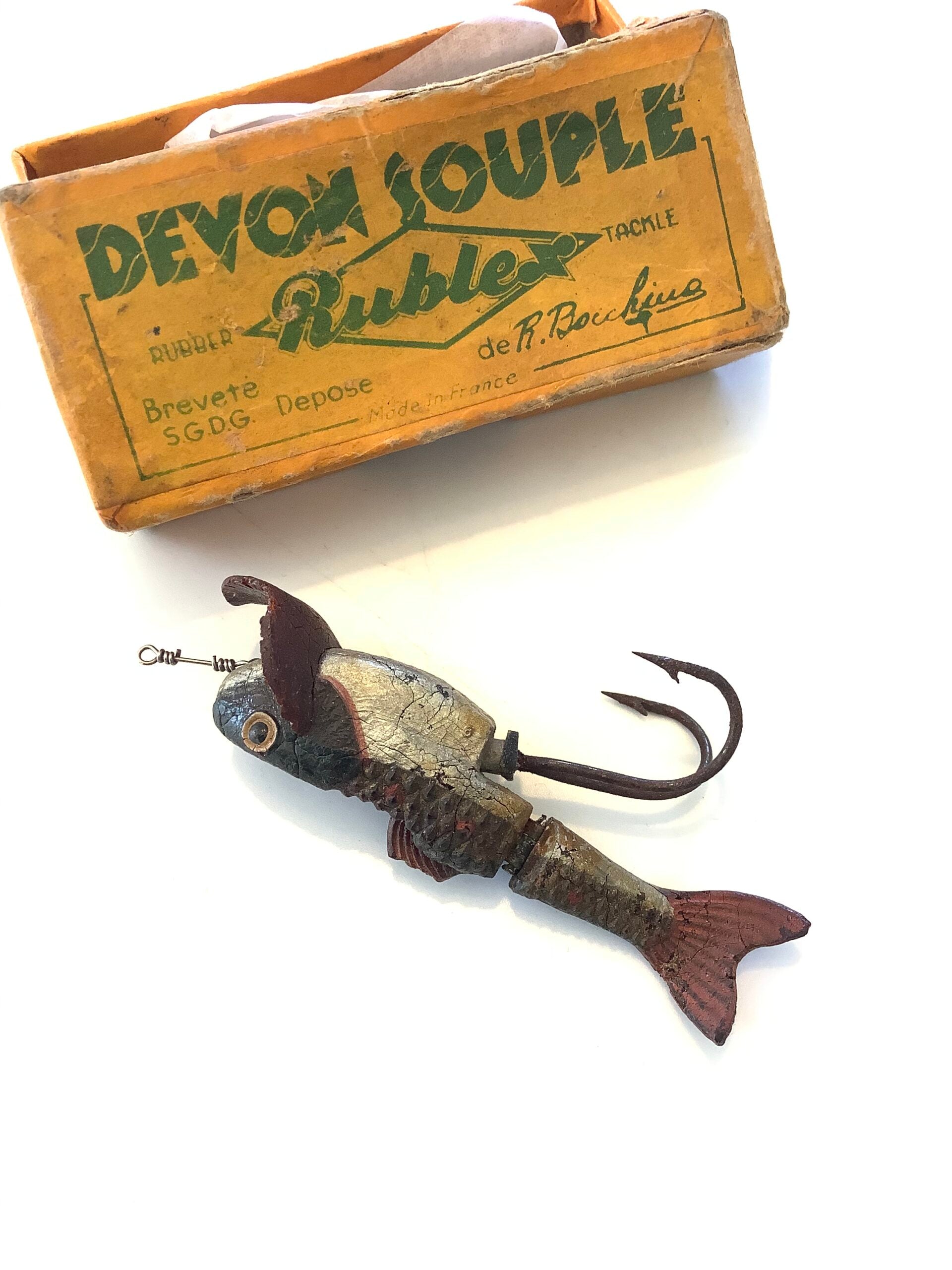 depose fishing lure made in france Rare Vintage “ PLUCKY” Devon Souple Rublex jointed minnow boxed
