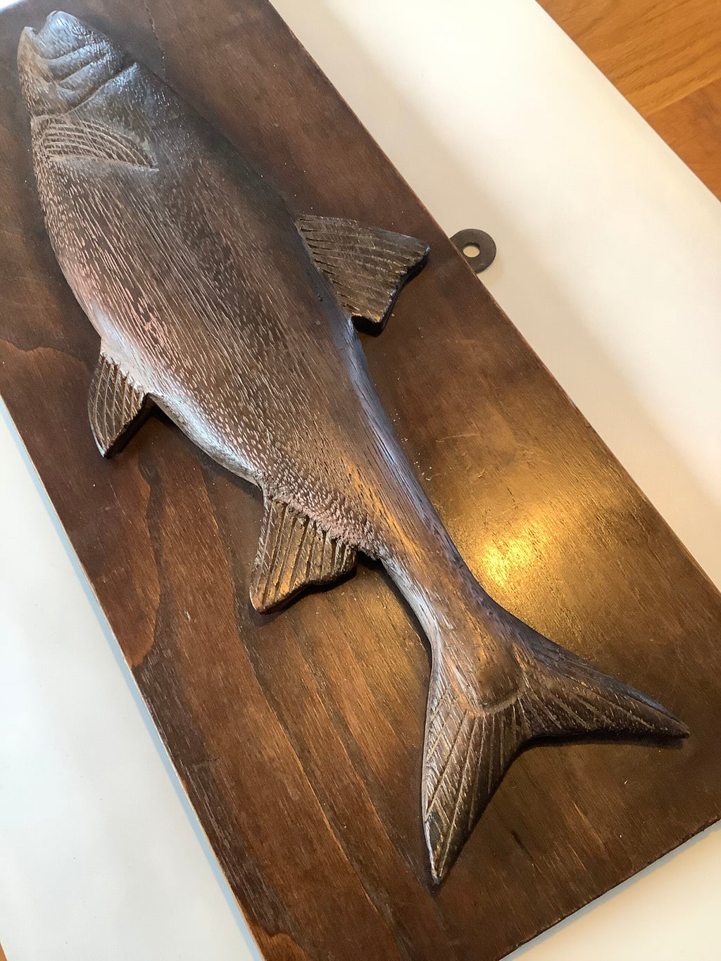 Antique Hand Carved Hardwood fish on a Hardwood back board