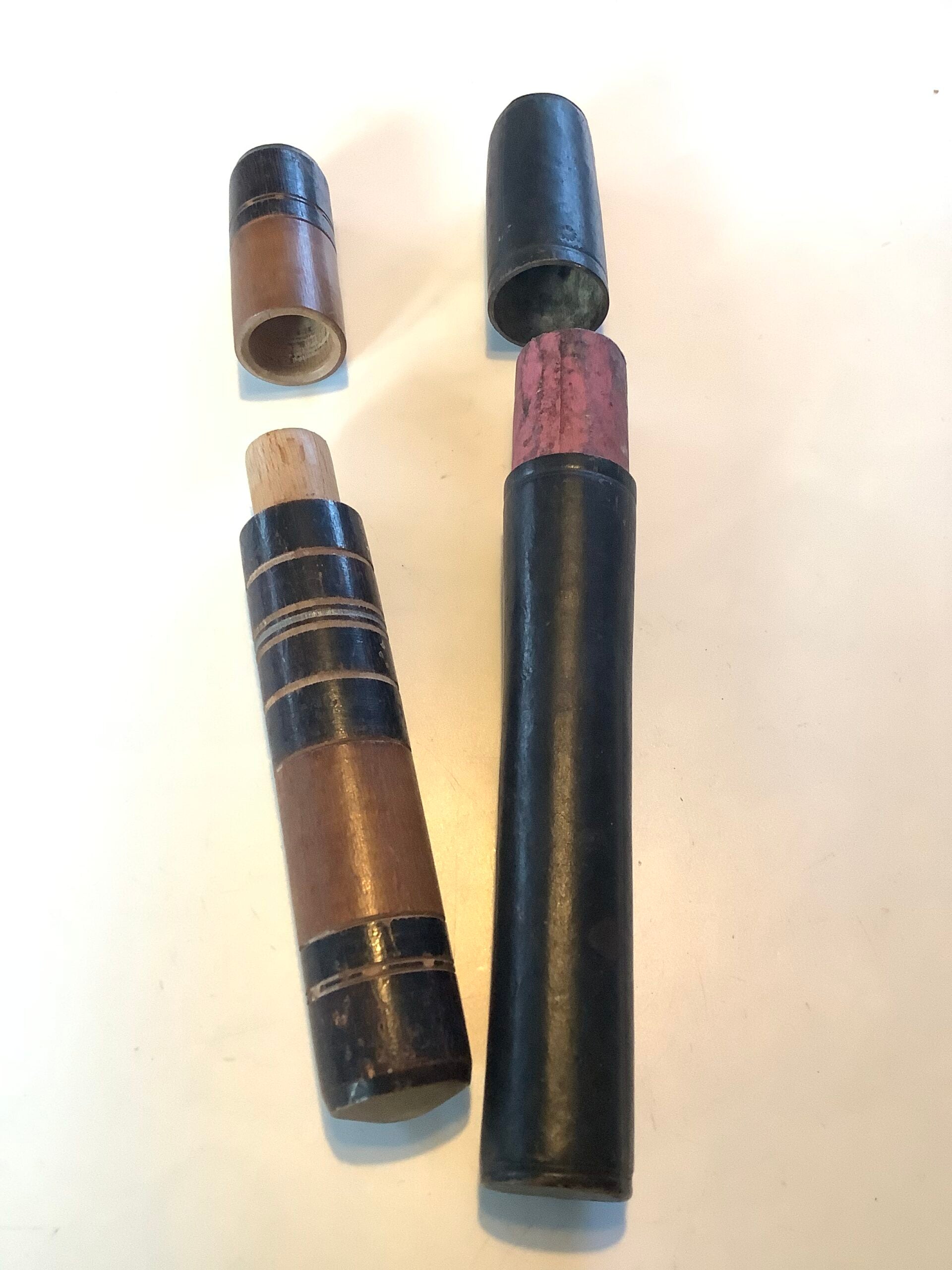 Rare Antique Leather Turned Wood Fishing Float Holders with early starburst stamps