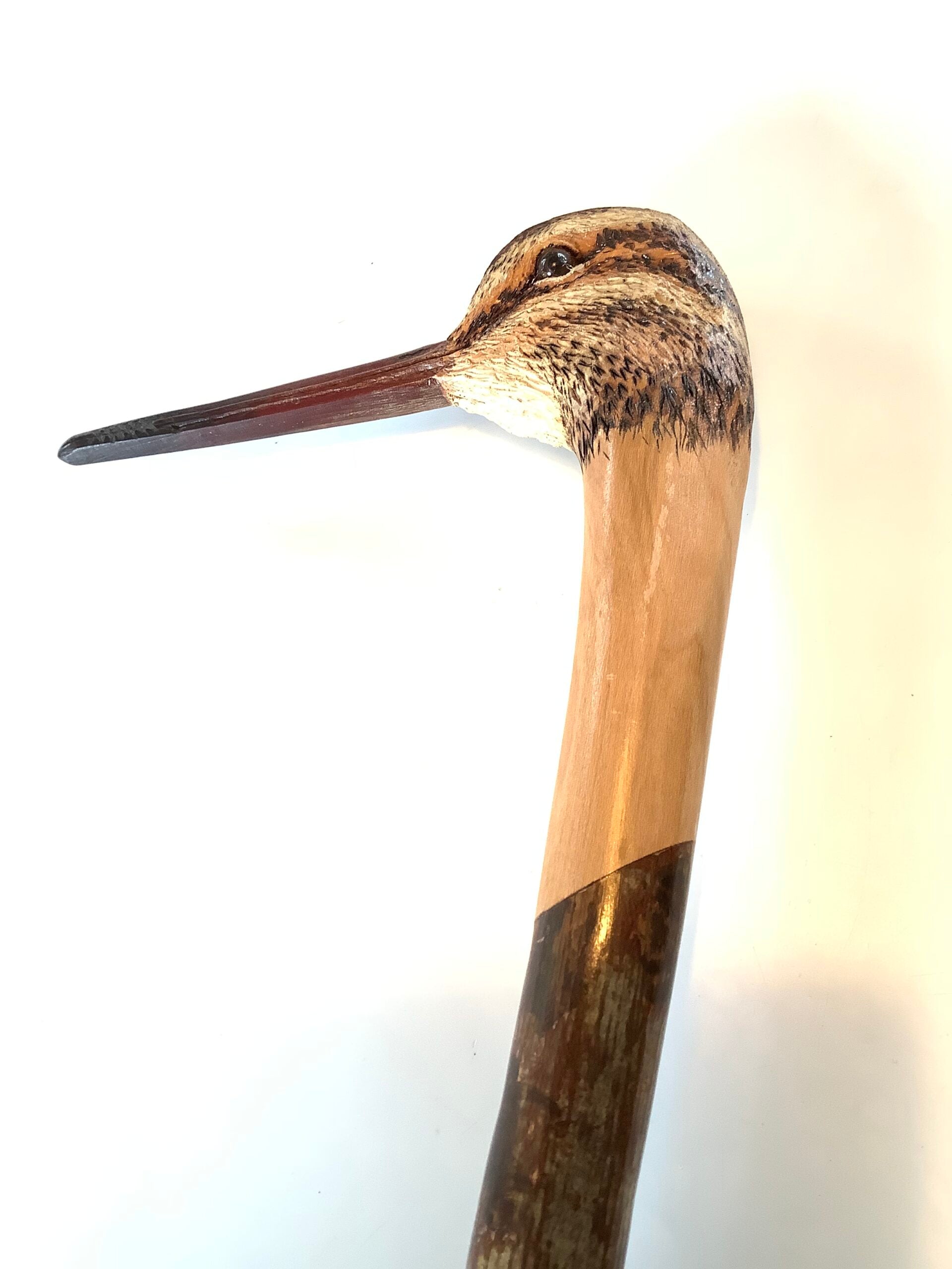 A Stunning Ian Taylor Hand Carved Painted SNIPE walking Stick, MAKER TO THE QUEEN
