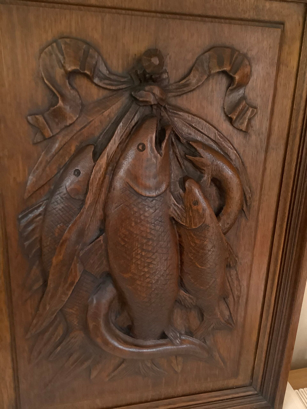 Stunning Antique Hardwood carved fishes on an Oak panel
