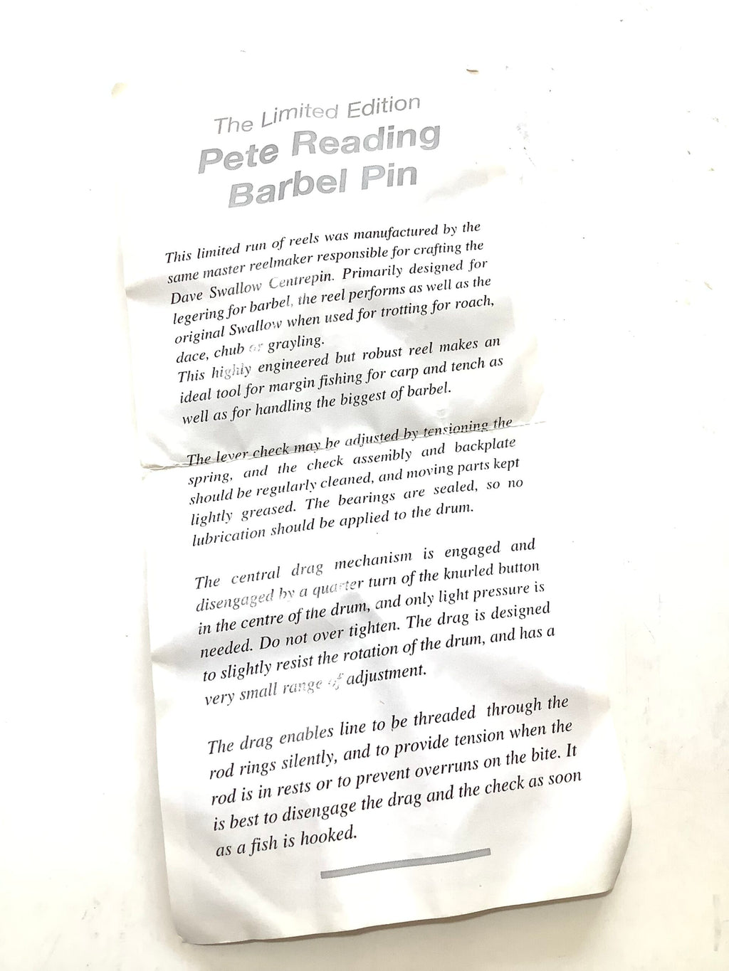 Mint unused “Pete Reading Barbel Pin” Centrepin Ringwood Reels