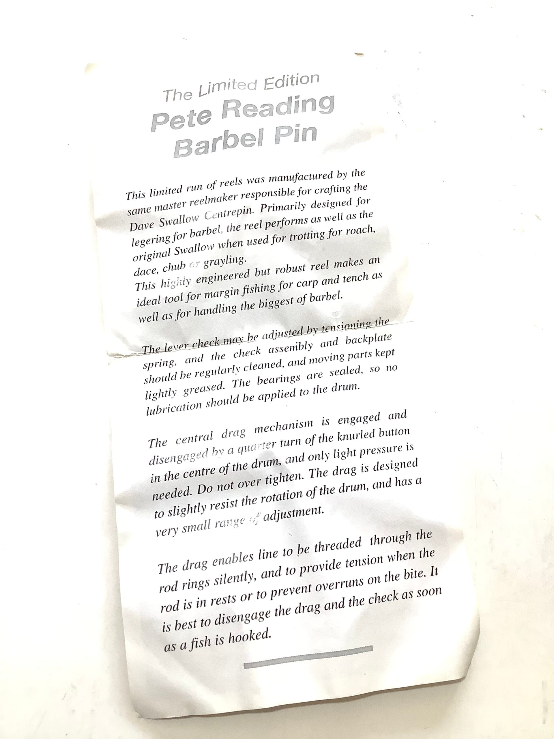 Mint unused “Pete Reading Barbel Pin” Centrepin Ringwood Reels