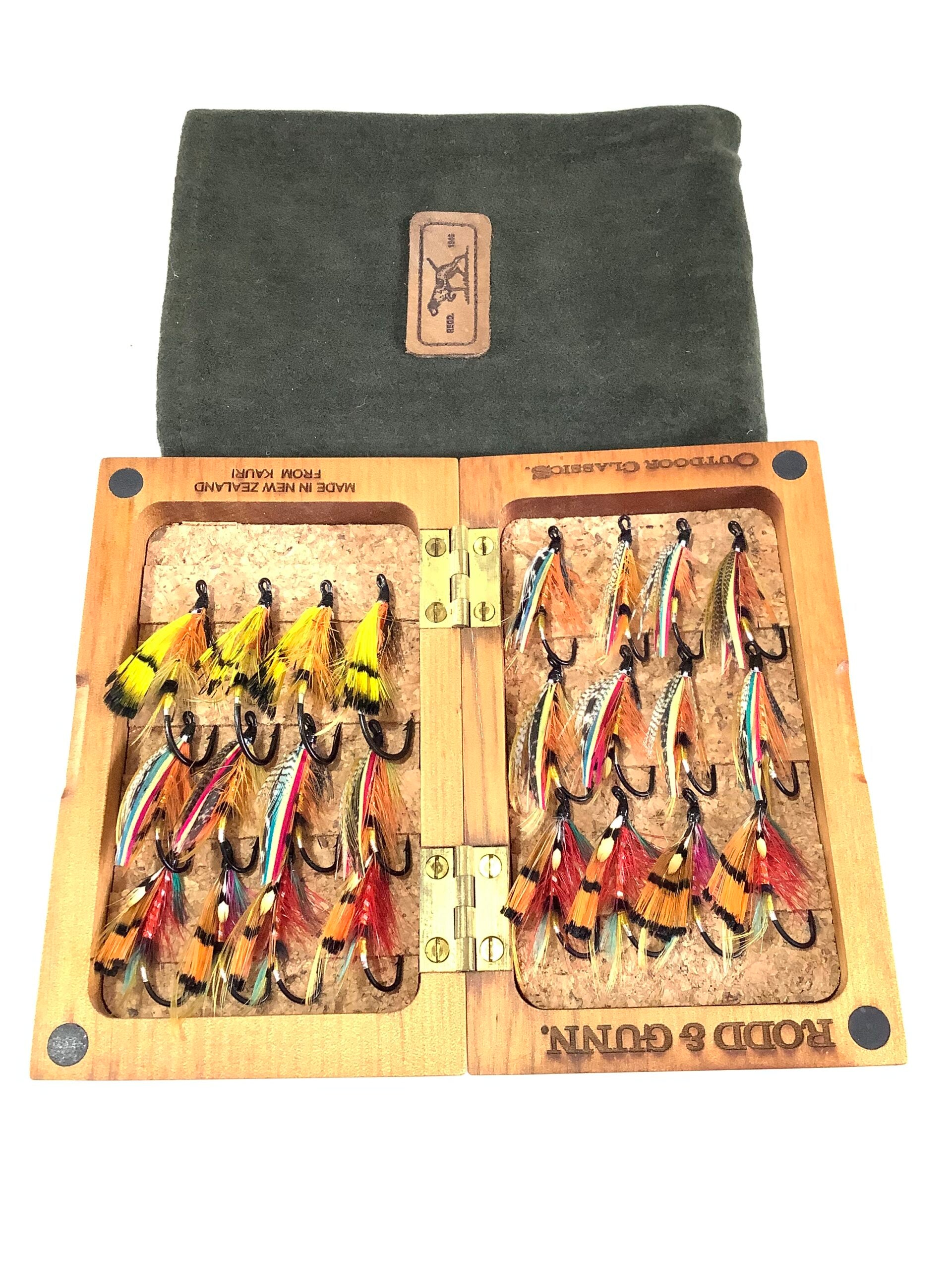 Scarce RODD GUNN FLY BOX of New Zealand with 24 dressed Salmon Flies
