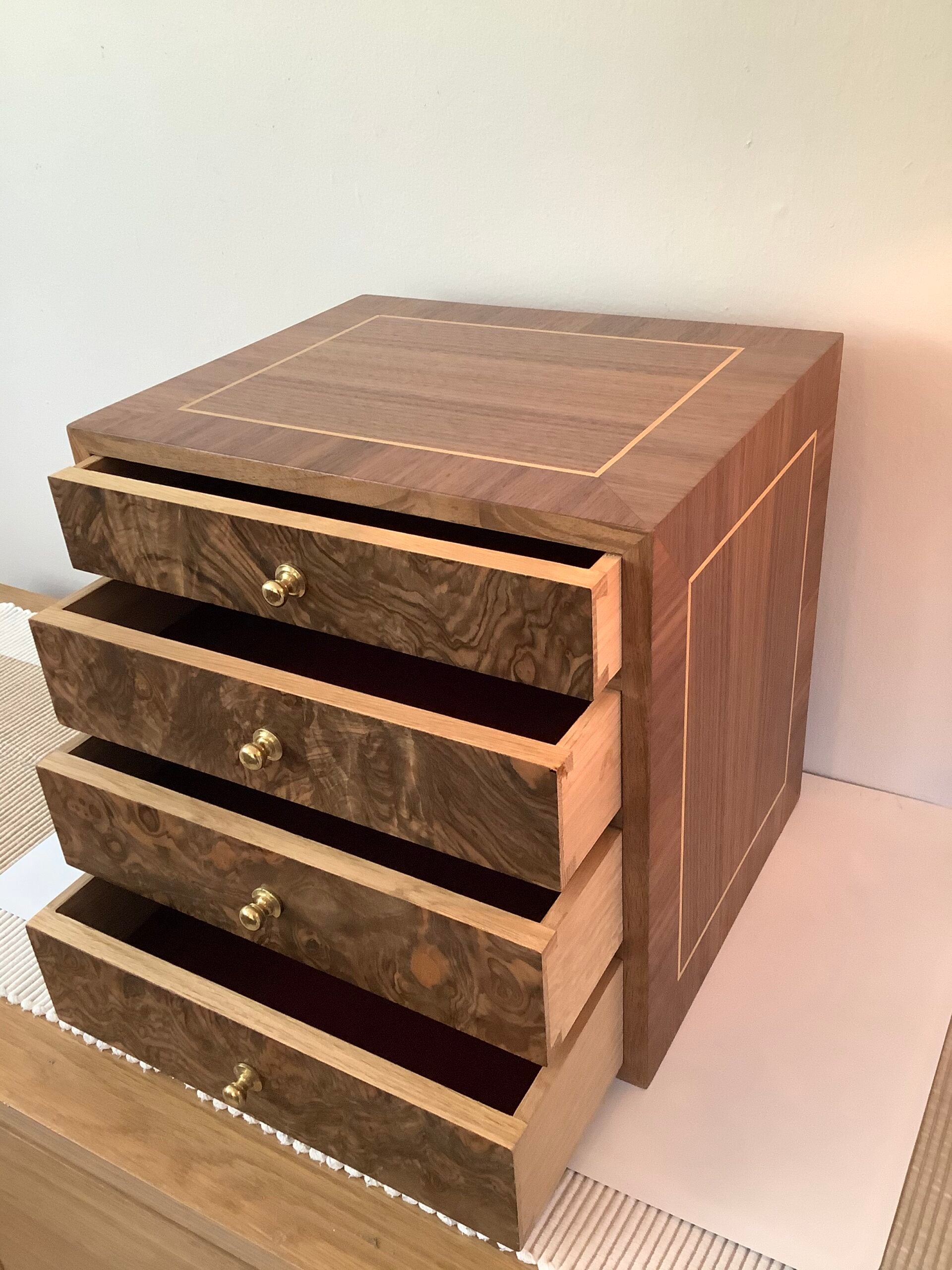 A bespoke hand crafted oak walnut veneered collectors cabinet