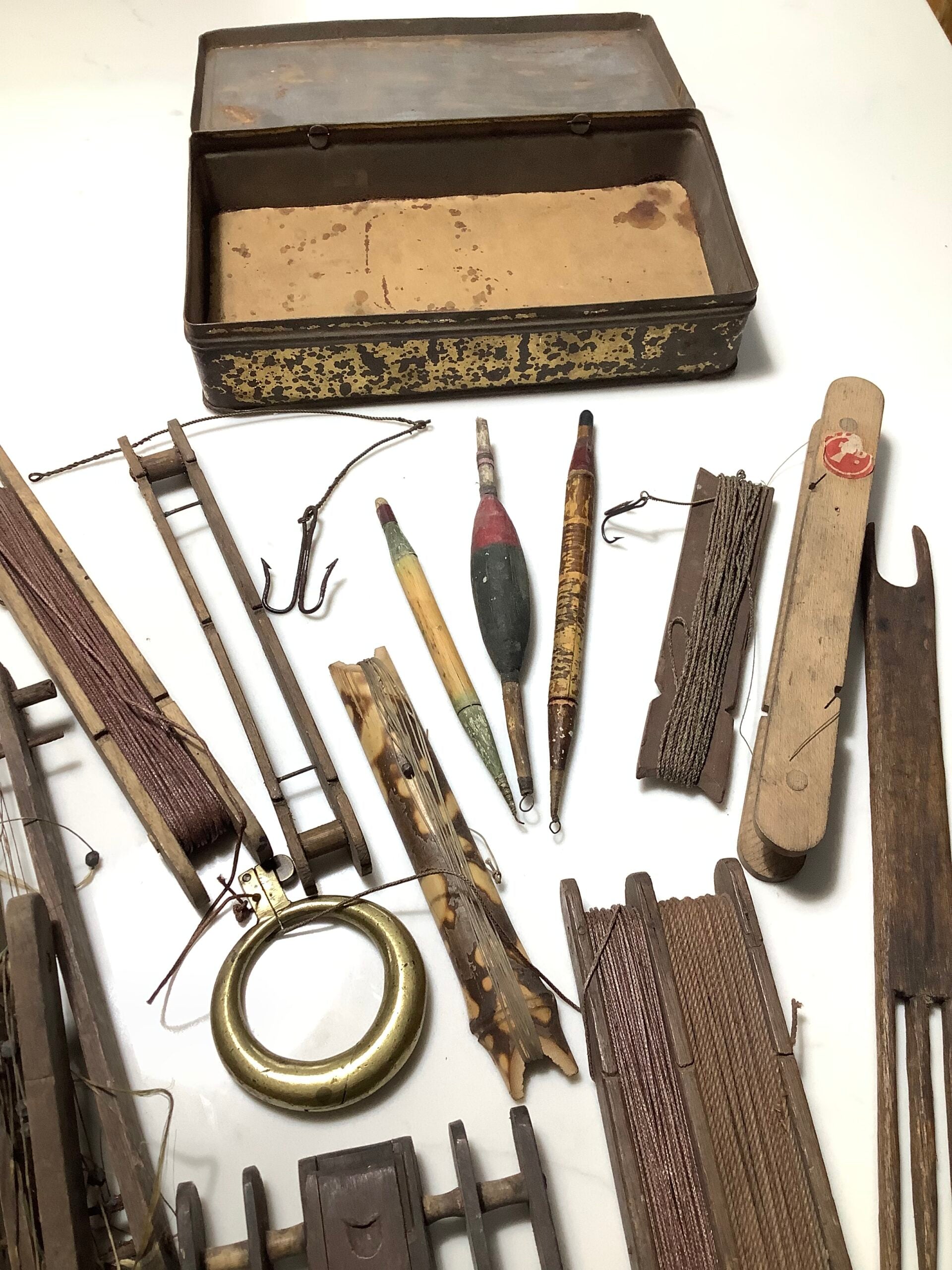 Antique very early collection of Floats Line winders ( Horsehair line) with hooks and Brass clearing ring