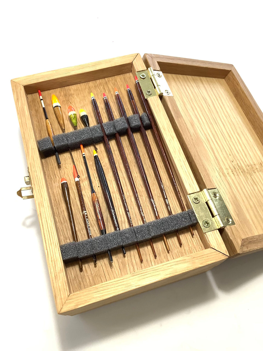 Hand Crafted Solid Oak Float Box with a selection of floats