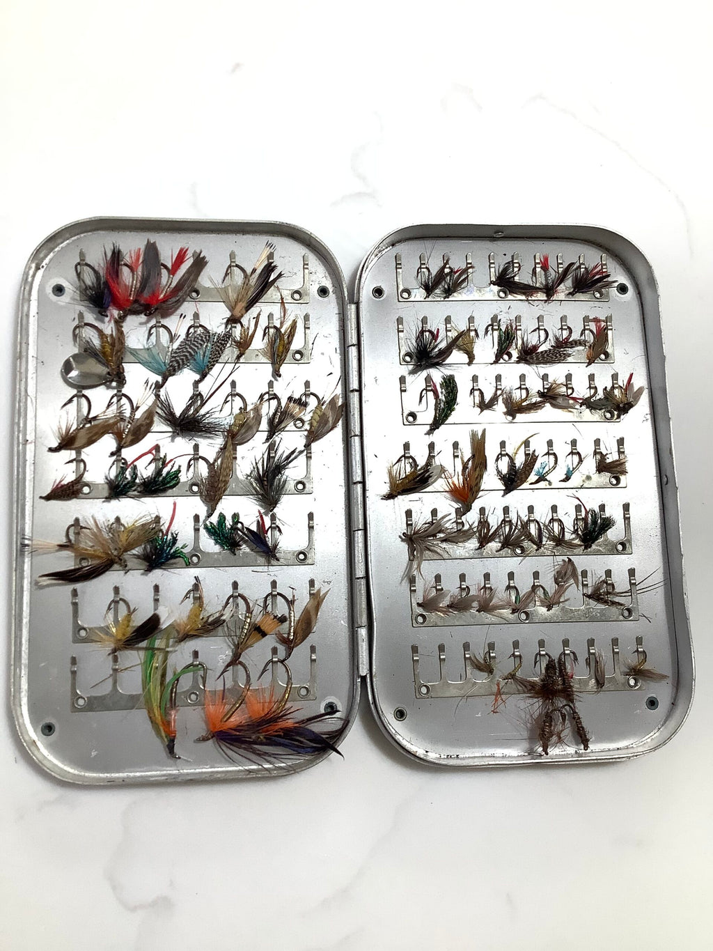 Vintage HARDY Bros Alloy Clip Fly box loaded with a selection of flies