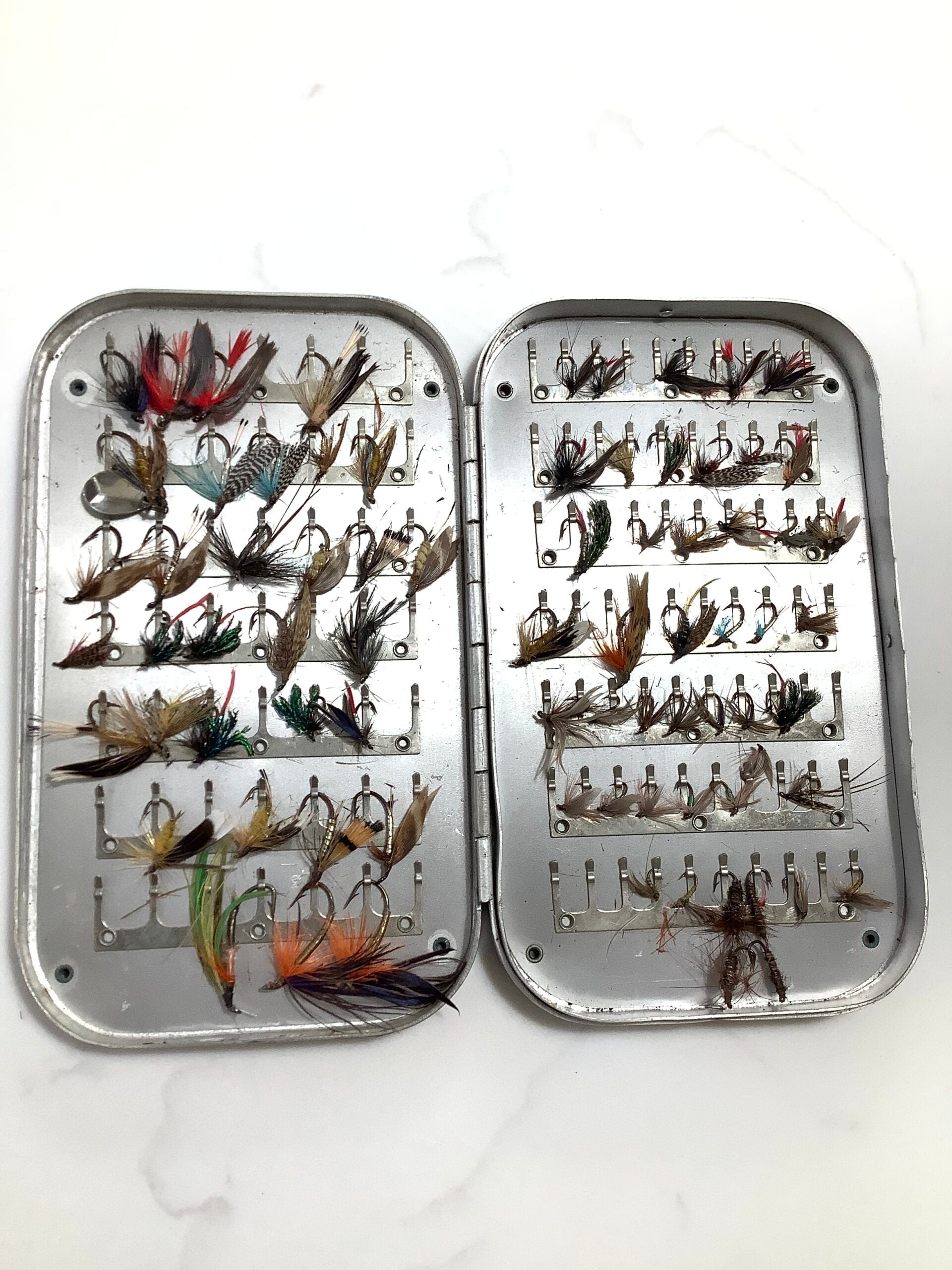 Vintage HARDY Bros Alloy Clip Fly box loaded with a selection of flies