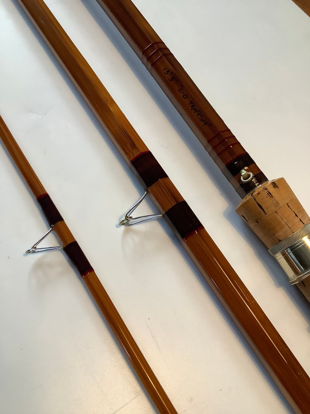 Rare Cadno hand built cane “ L D Trotting” rod 13ft 3” a three piece superb quality, beautiful dark tempered cane