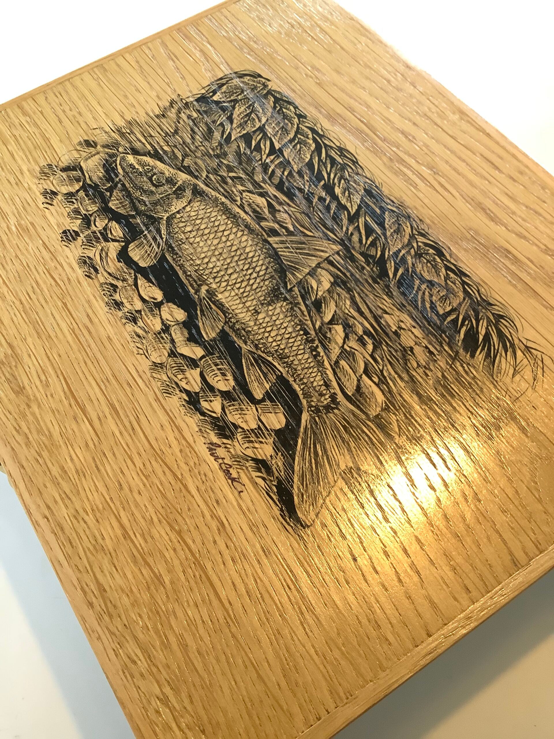 Paul Cook Hand Made Solid Oak Float Box with Painted Barbel