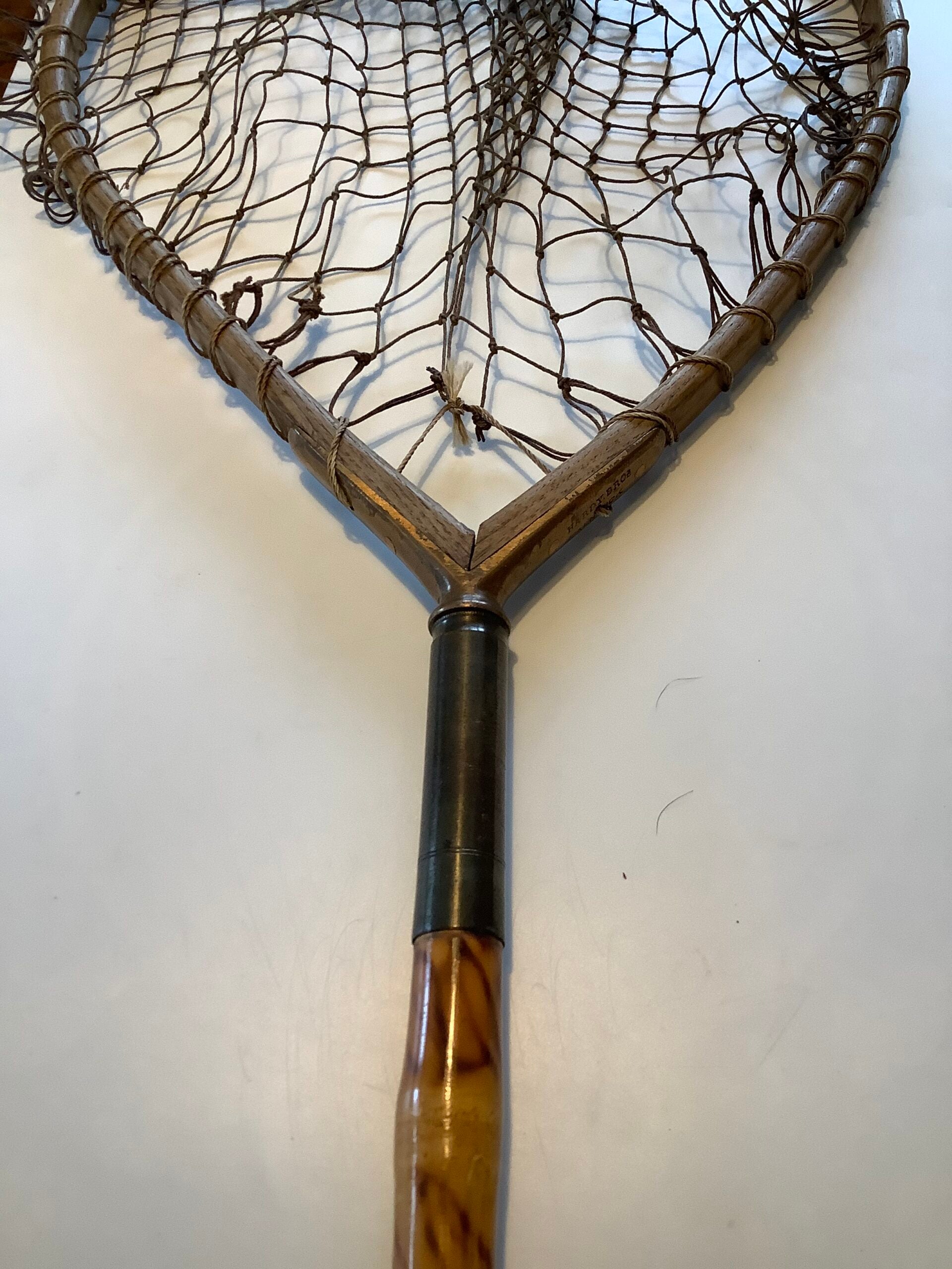 Rare Antique Hardy Bros Ash framed tear drop net with a flamed whole cane pole