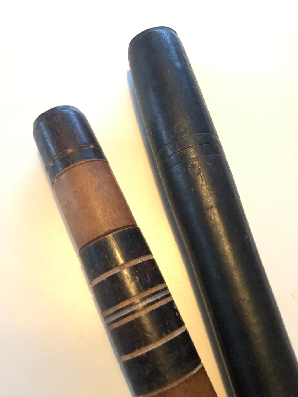 Rare Antique Leather Turned Wood Fishing Float Holders with early starburst stamps
