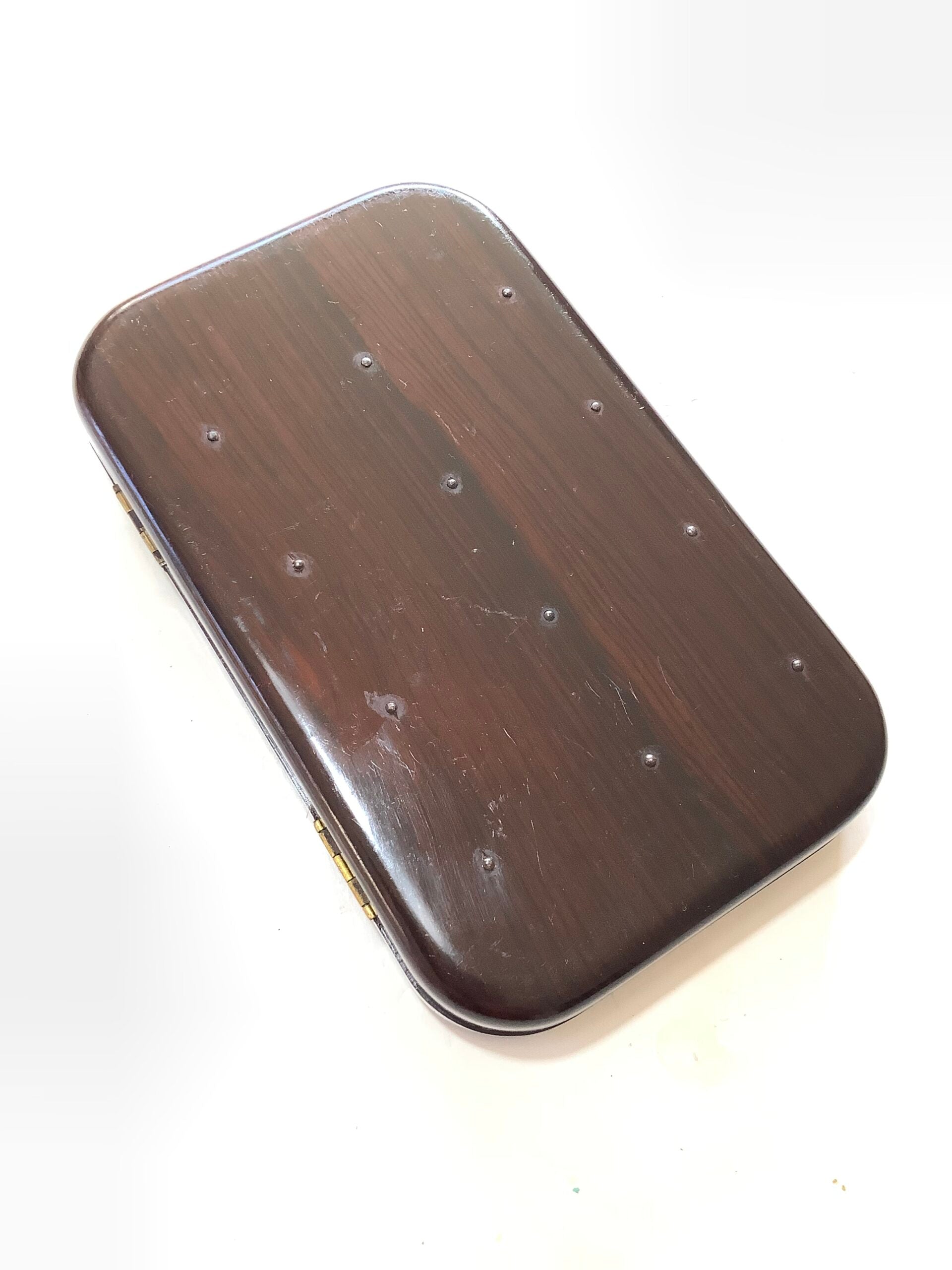 Very Rare Antique circa 1900 Rosewood Neroda Salmon Fly Box with Gut eyed Salmon Flies