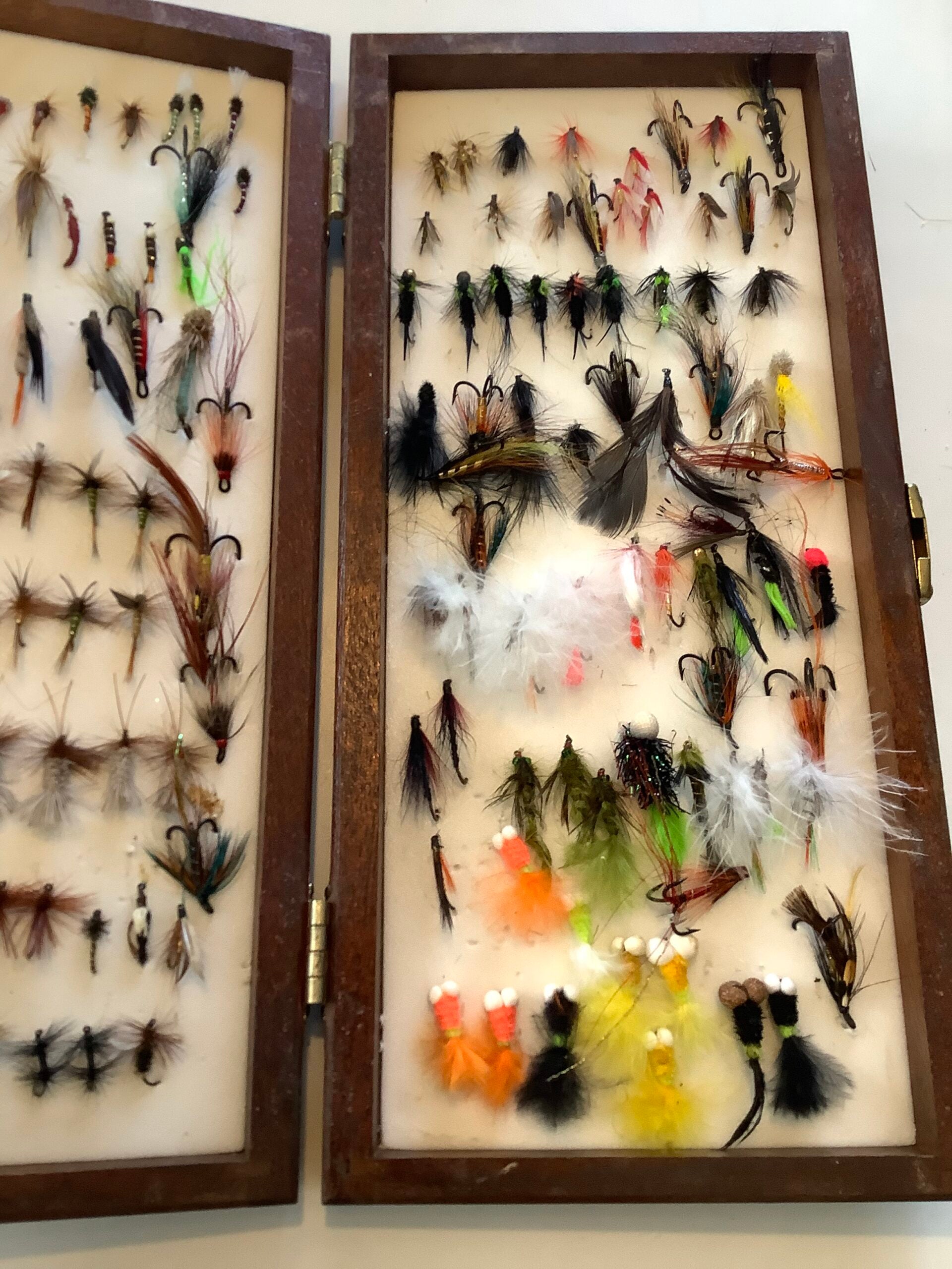 Large Wooden Fly Box with large selection of flies