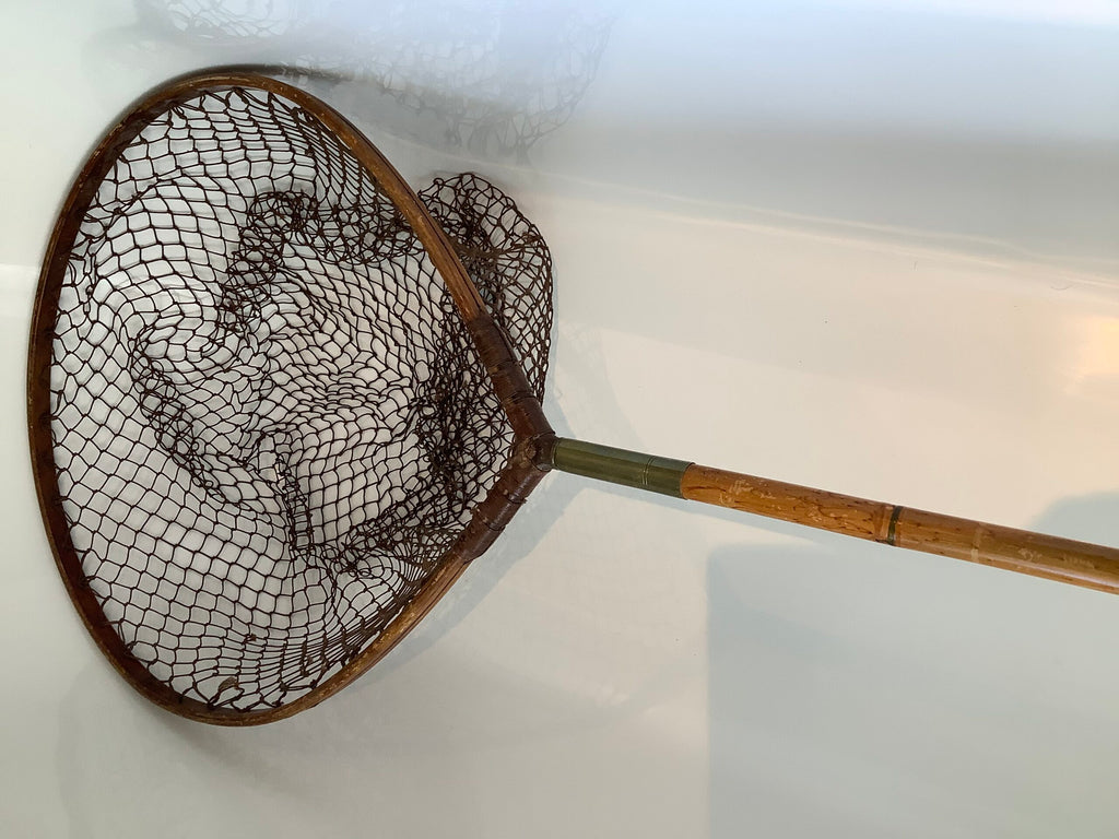 Rare Antique Hardy Bros Ash framed tear drop net with a flamed whole cane pole