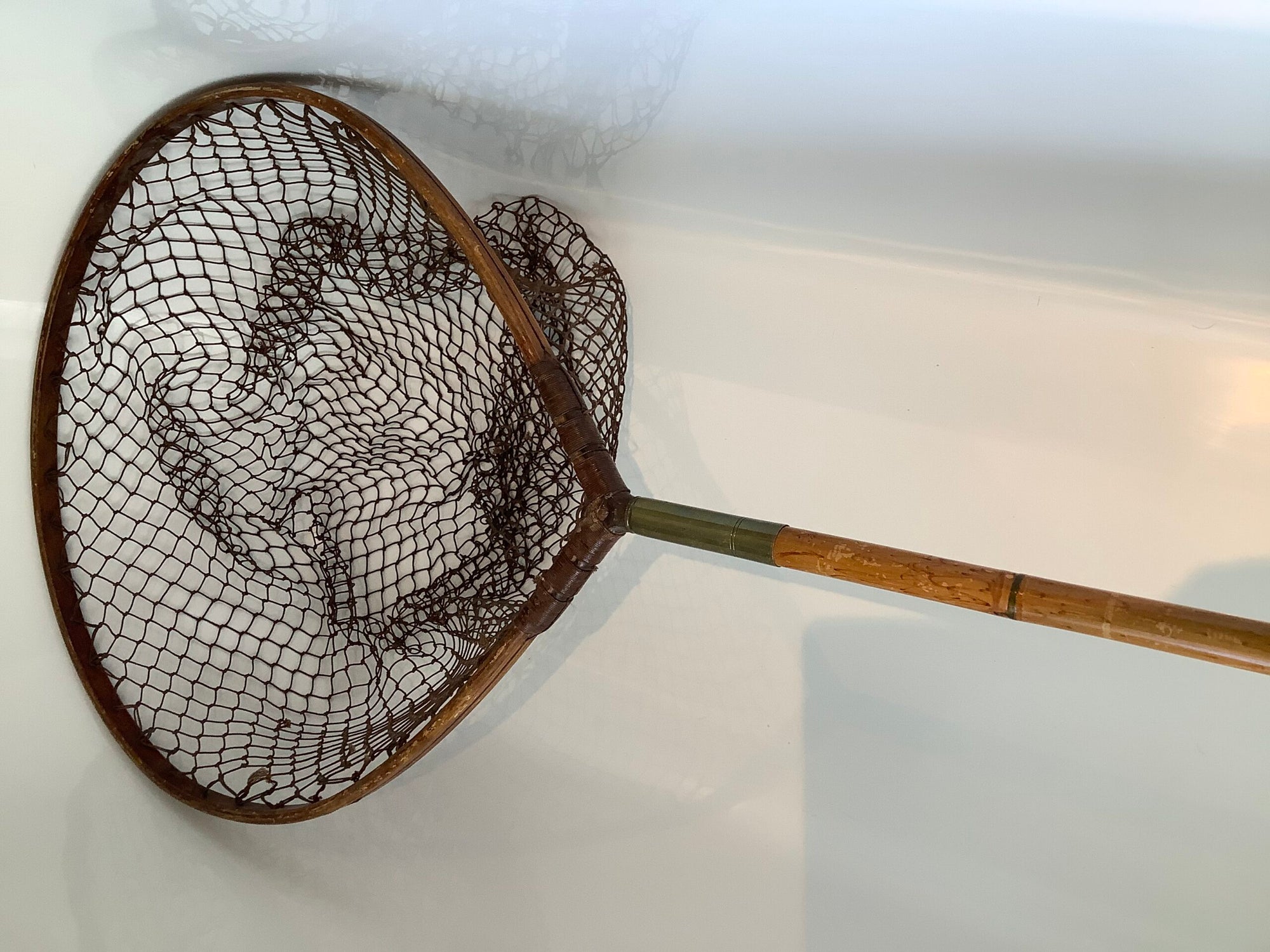 Rare Antique Hardy Bros Ash framed tear drop net with a flamed whole cane pole