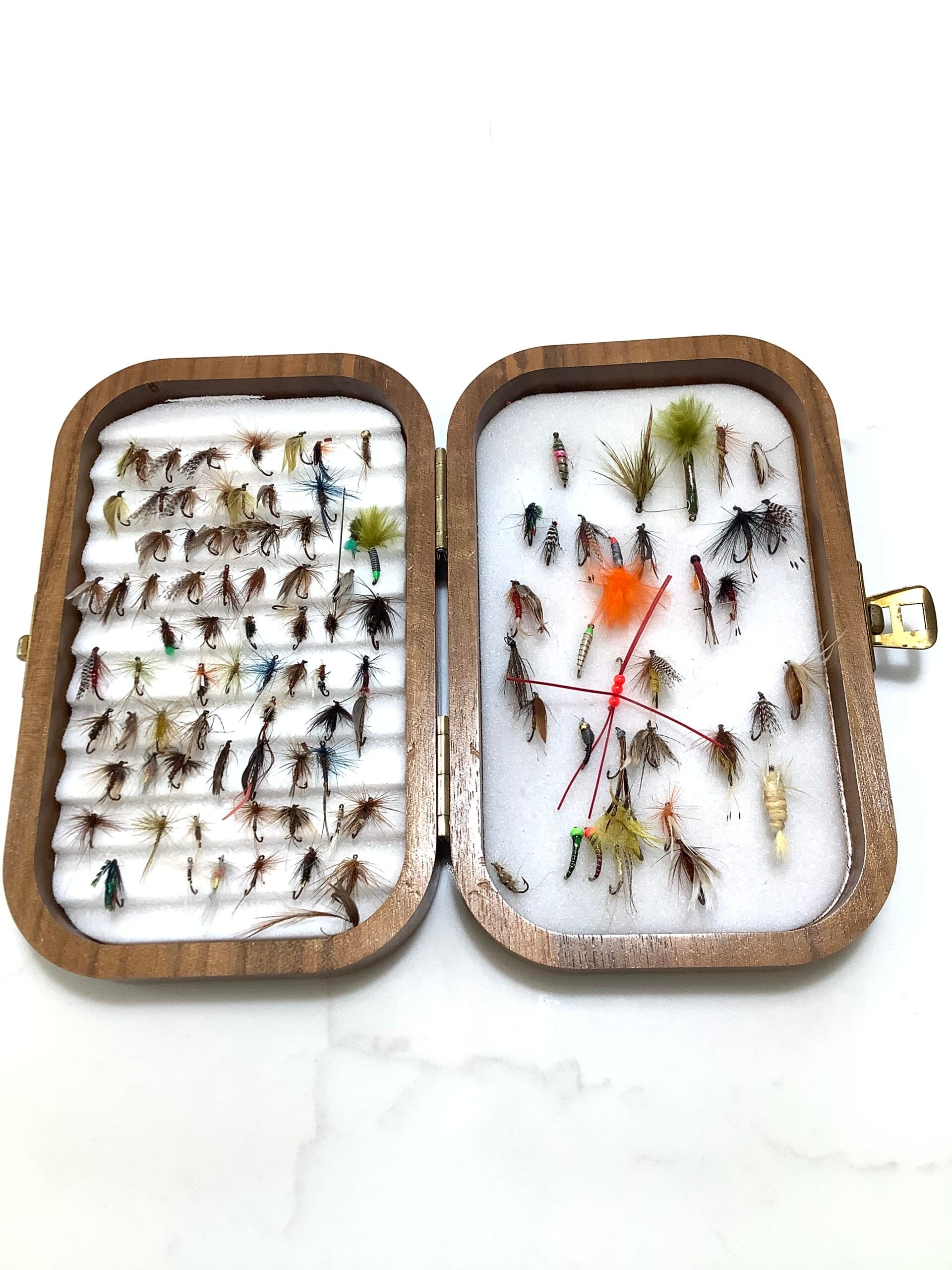 Richard Wheatley Hard wood Fly Box with a selection of good Trout flies