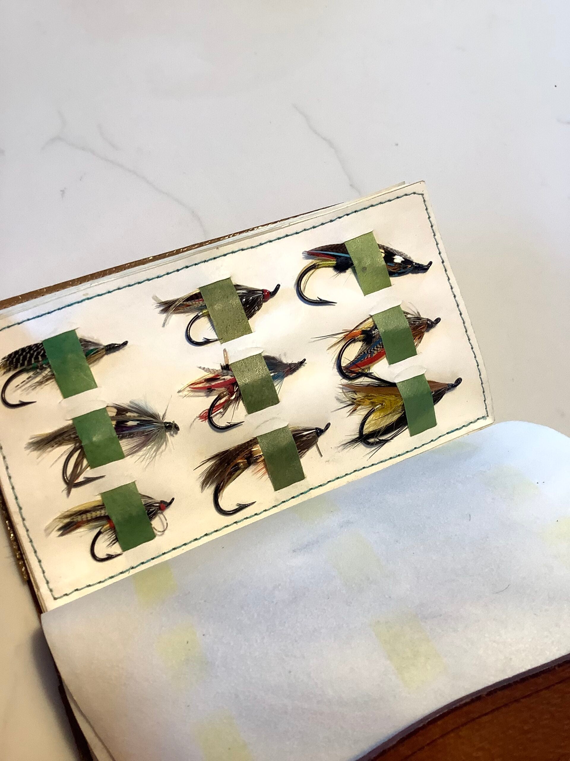 Antique Richard Wheatley Leather Fly Wallet with large Dressed salmon Flies