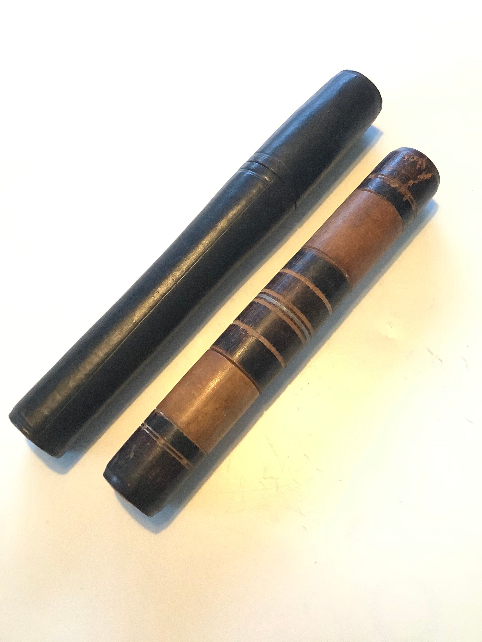 Rare Antique Leather Turned Wood Fishing Float Holders with early starburst stamps