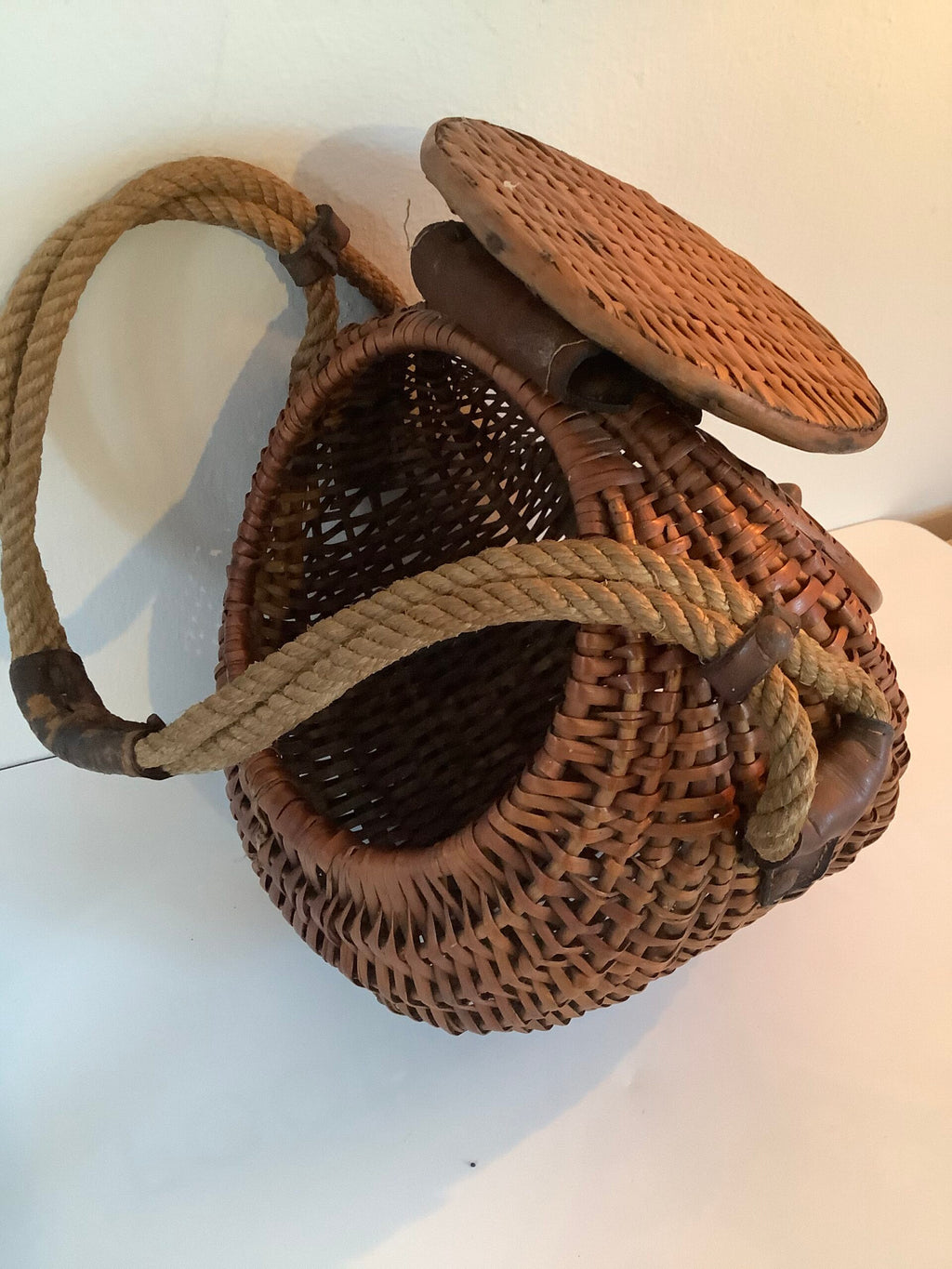 Early Unusual Antique Melon Style Fishing Creel