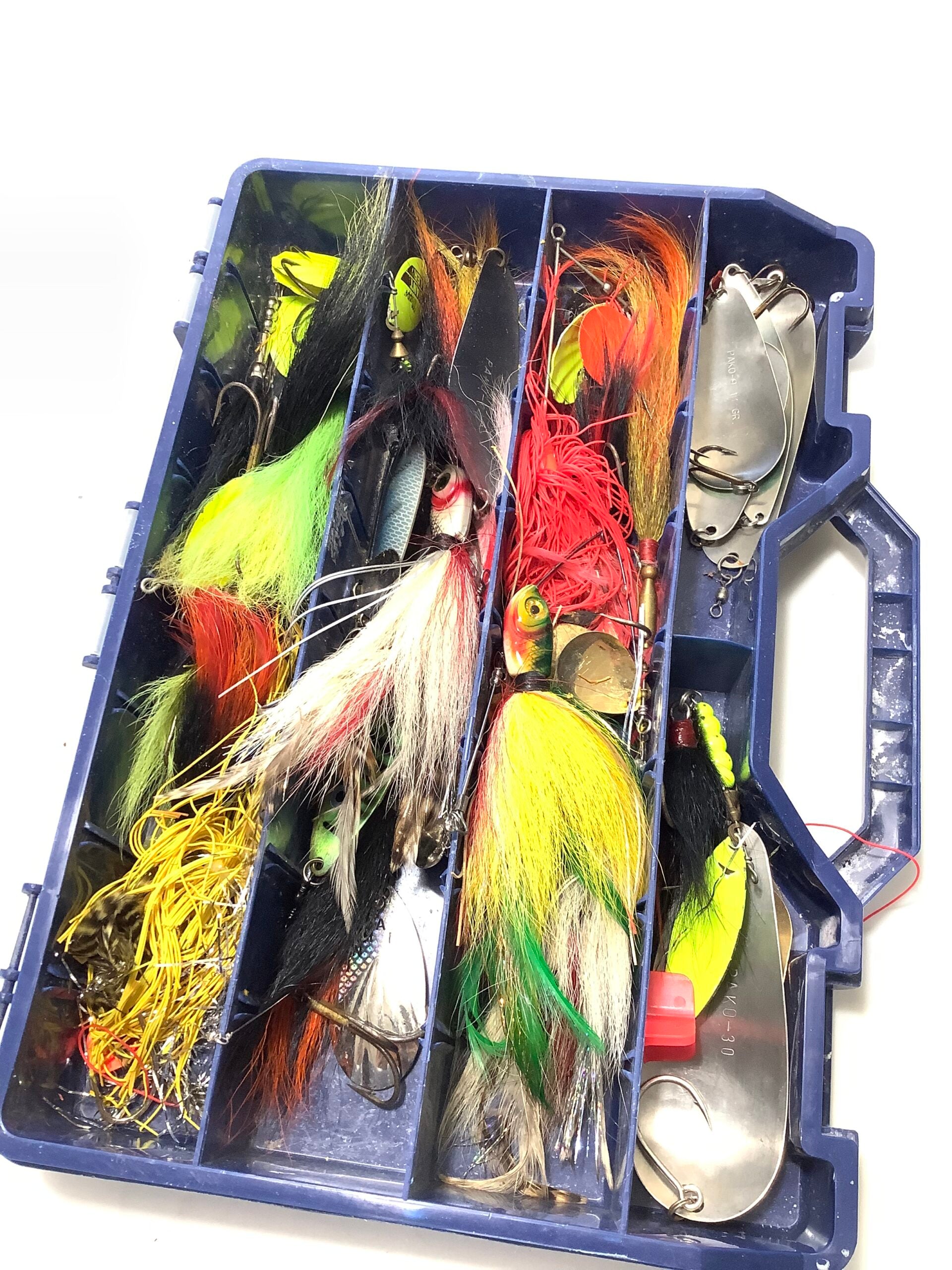 A selection of Large Pike spinners, spinnerbaits and bucktails, spoons, with box.