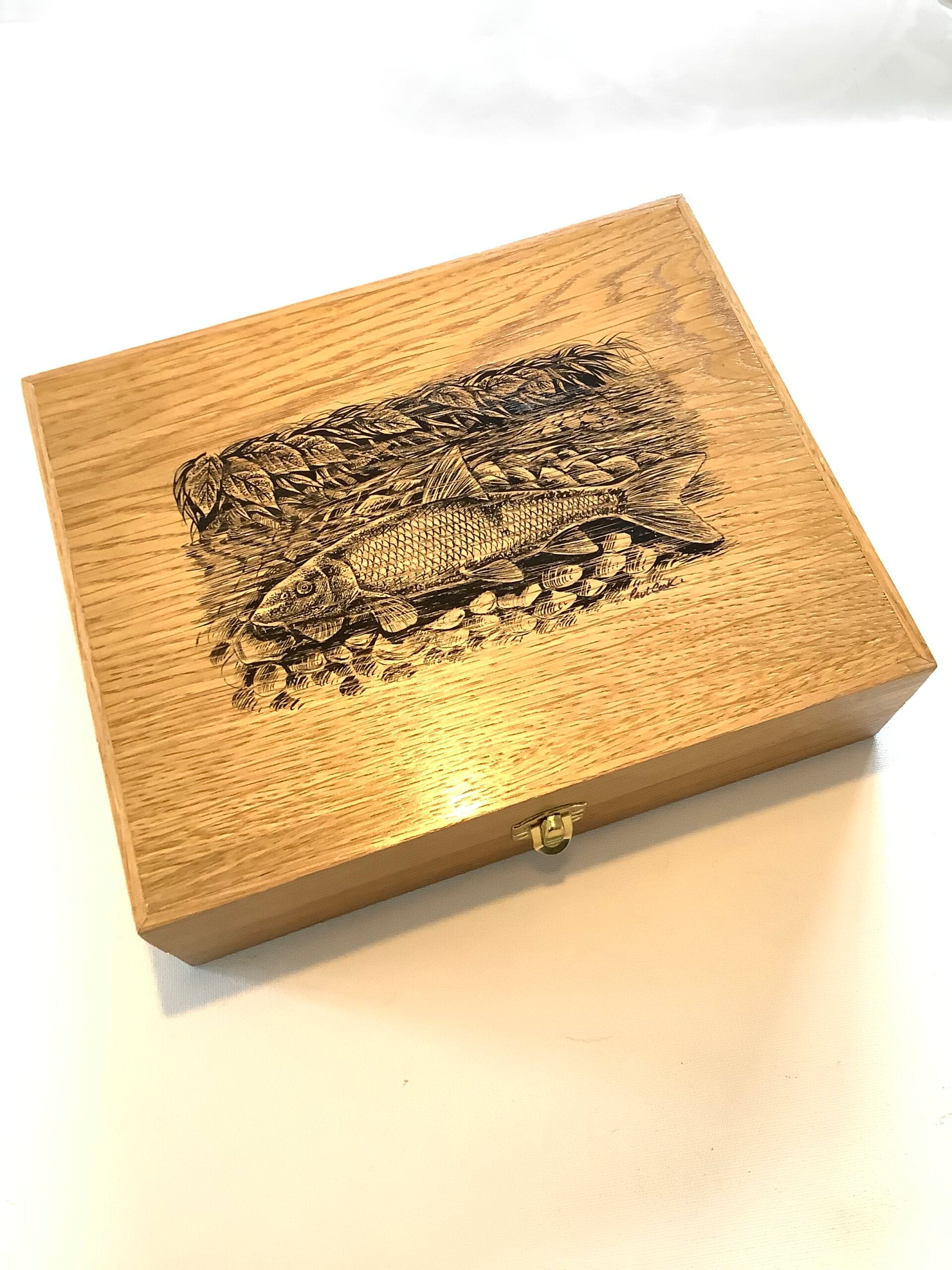 Paul Cook Hand Made Solid Oak Float Box with Painted Barbel
