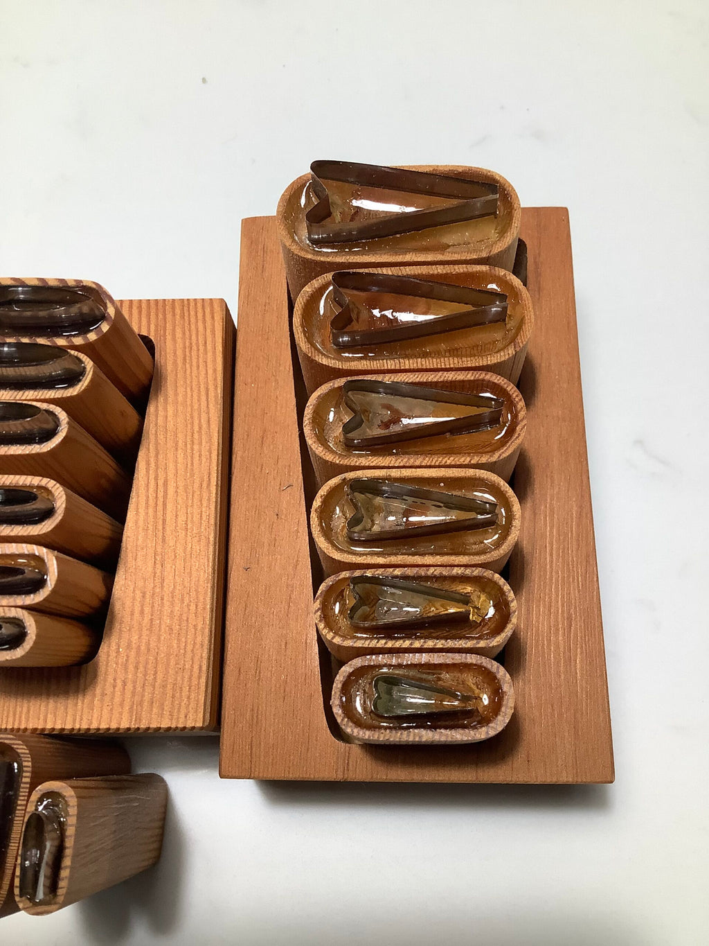 Fly tyers Wing cutting sets, all sizes with Wood block holders.