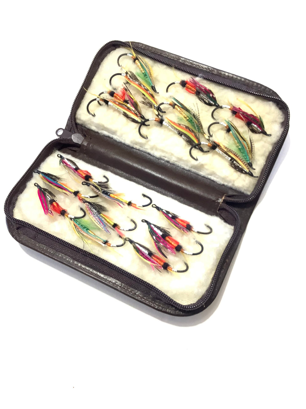 FARLOWS OF LONDON PALL MALL LEATHER SALMON FLY WALLET WITH SELECTION OF NEW UNUSED DRESSED SALMON FLIES