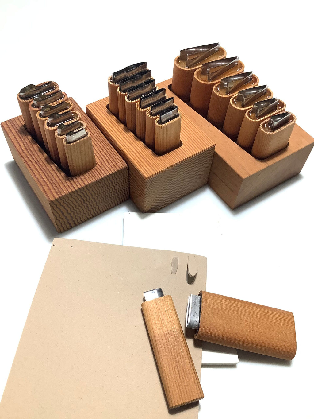 Fly tyers Wing cutting sets, all sizes with Wood block holders.