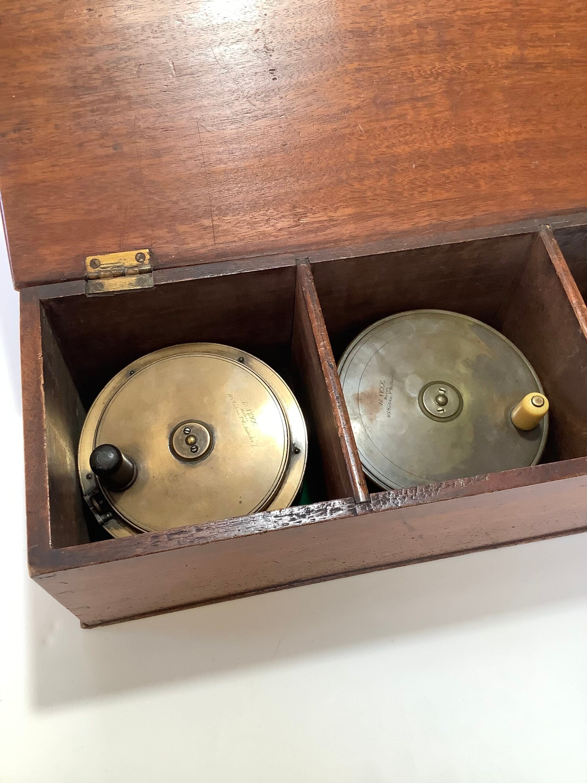 Antique Solid Mahogany Fishing reel Collectors Presentation Cabinet