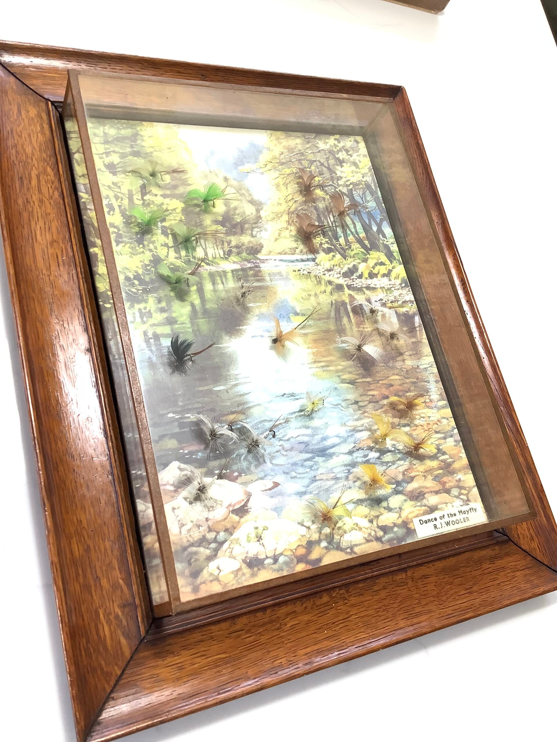 Antique Presentation set of Hand tied May Flies “ The Dance Of The Mayfly” set in an oak framed glass display with beautiful picture.