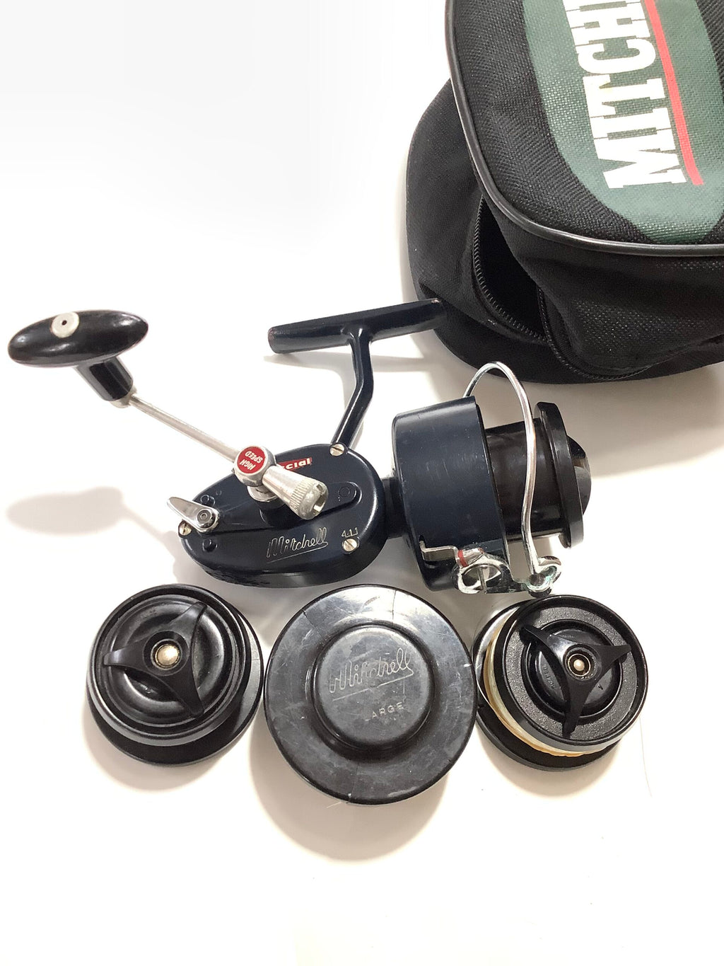 Vintage Blue Mitchell 411 Reel with Spare Spools Case