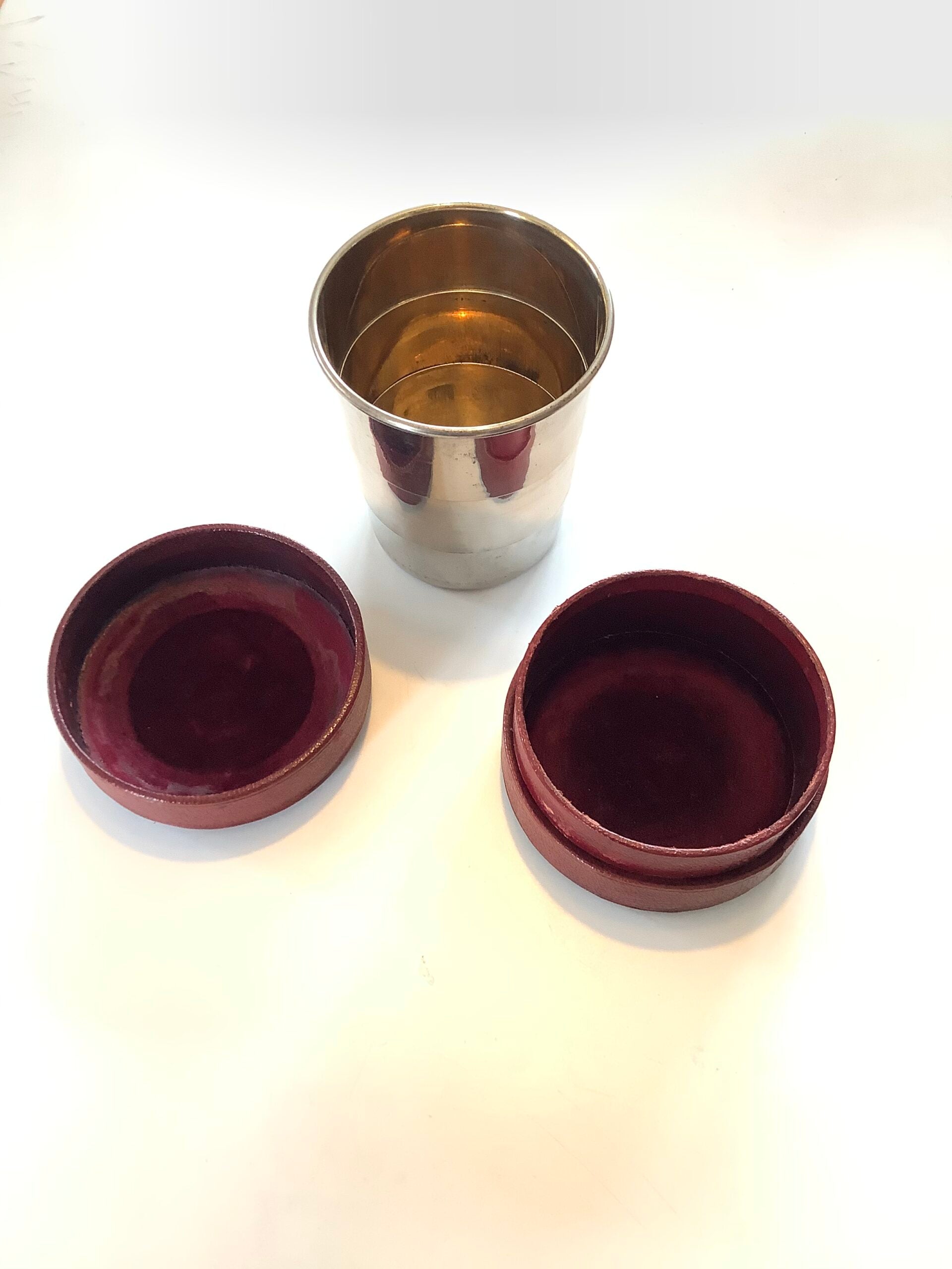 Antique silver collapsible Leather cased Pocket Cup