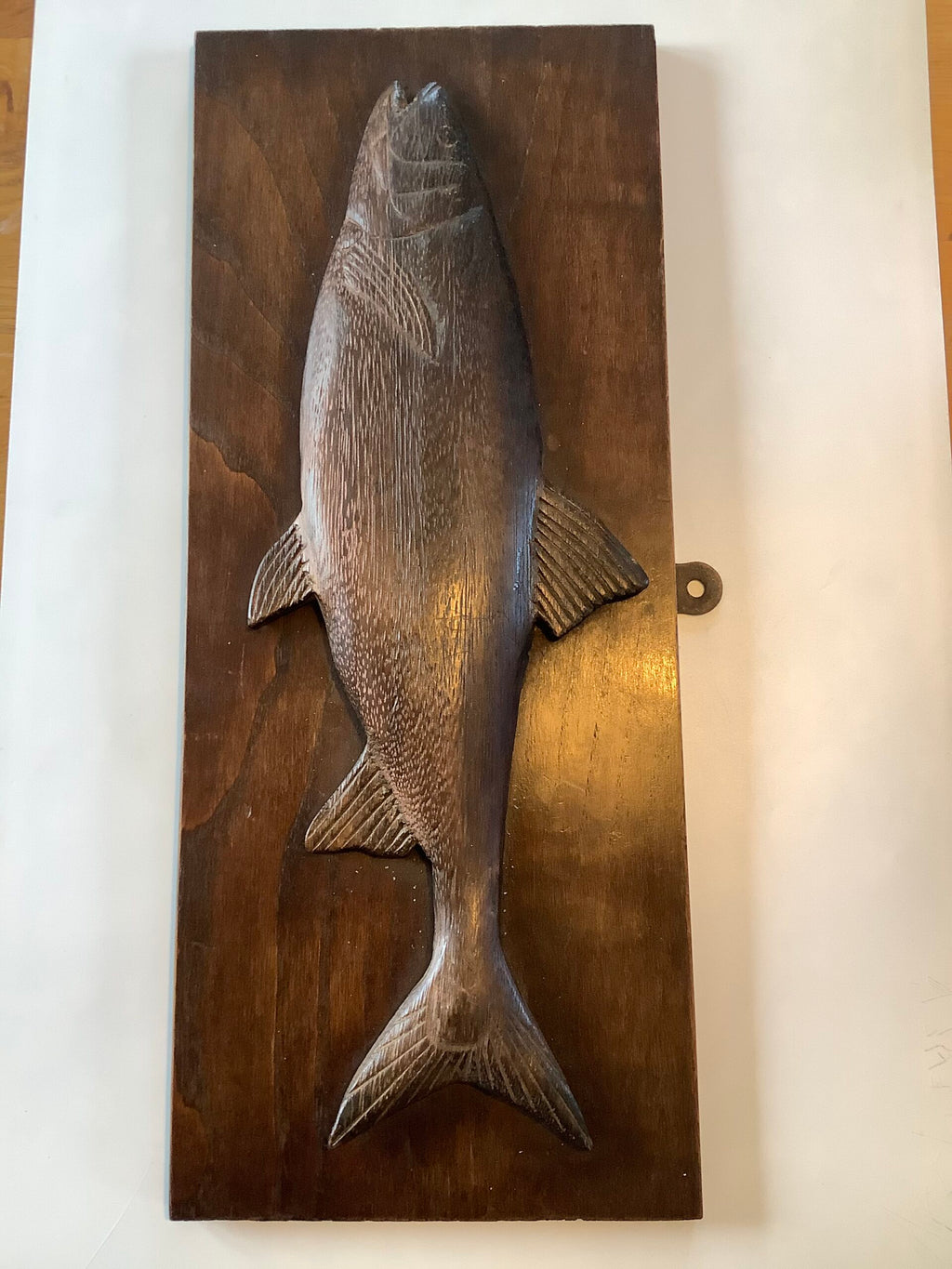 Antique Hand Carved Hardwood fish on a Hardwood back board