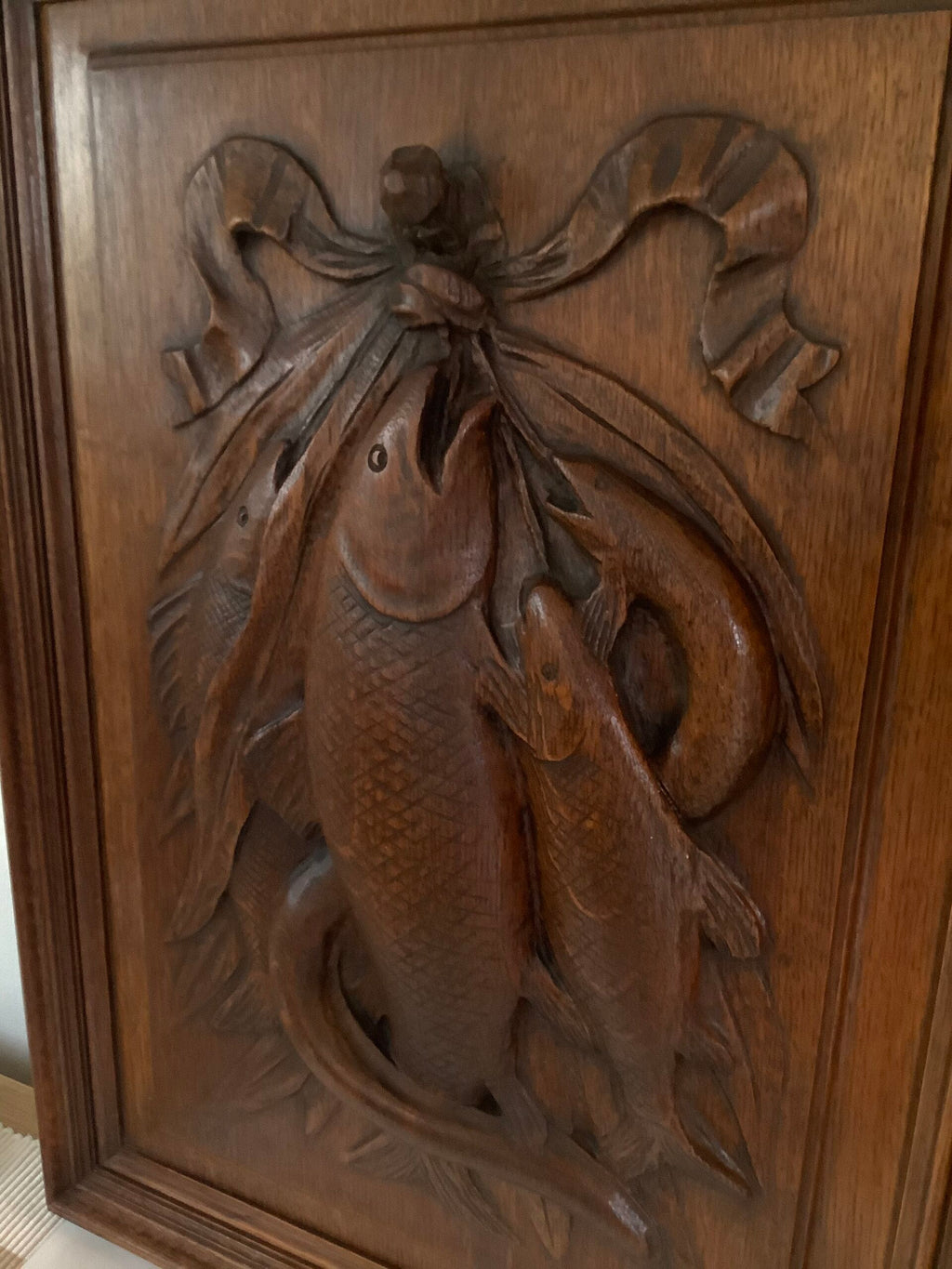 Stunning Antique Hardwood carved fishes on an Oak panel