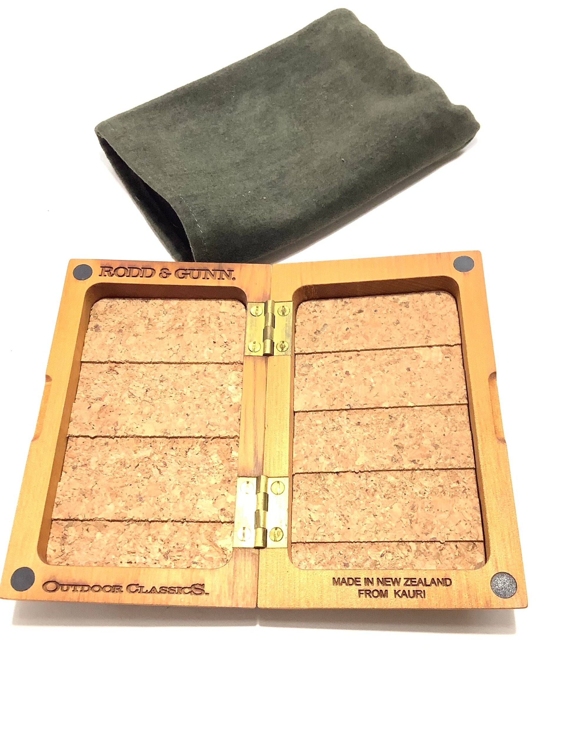 Scarce RODD GUNN FLY BOX of New Zealand with 24 dressed Salmon Flies