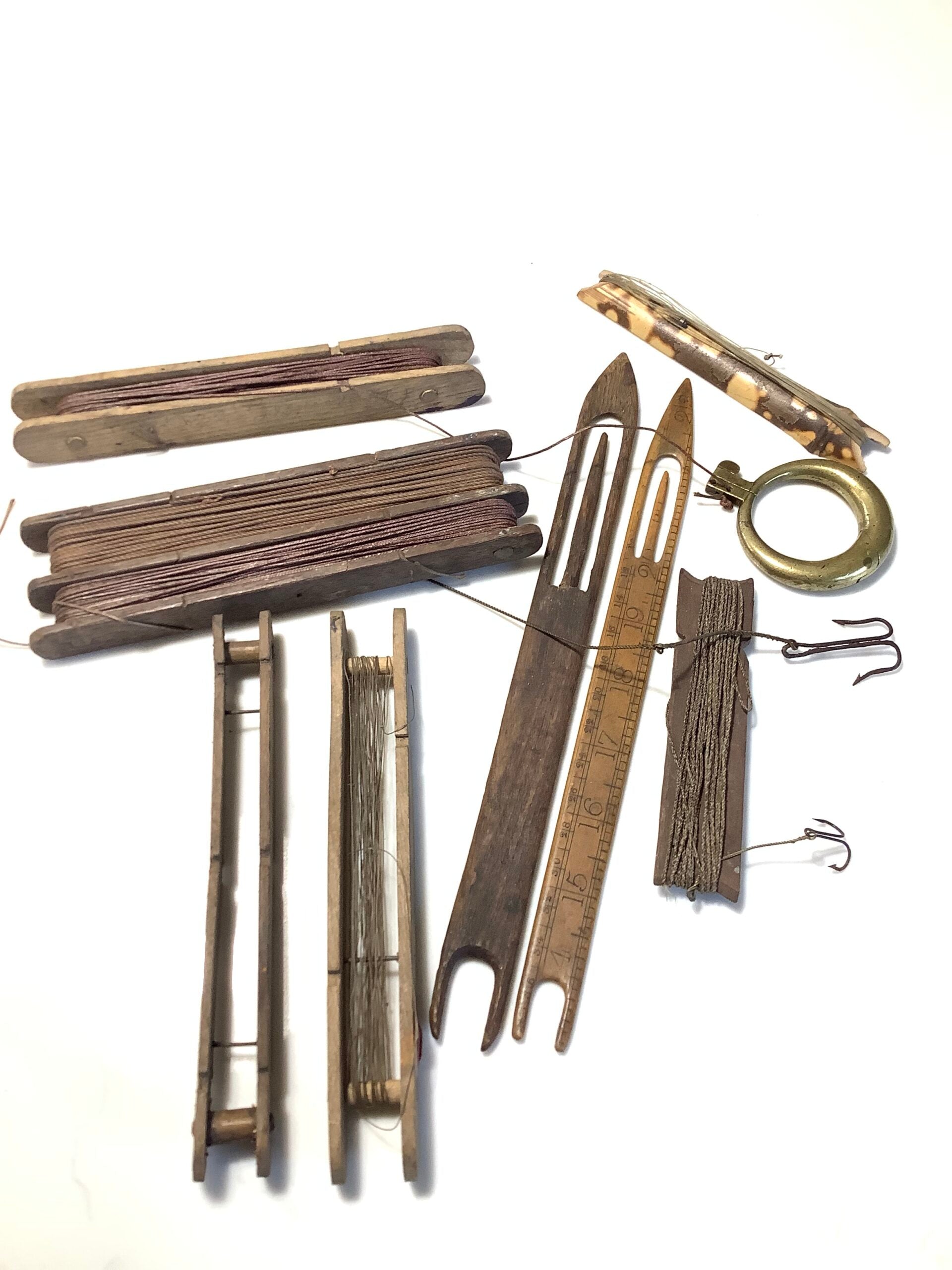 Antique very early collection of Floats Line winders ( Horsehair line) with hooks and Brass clearing ring