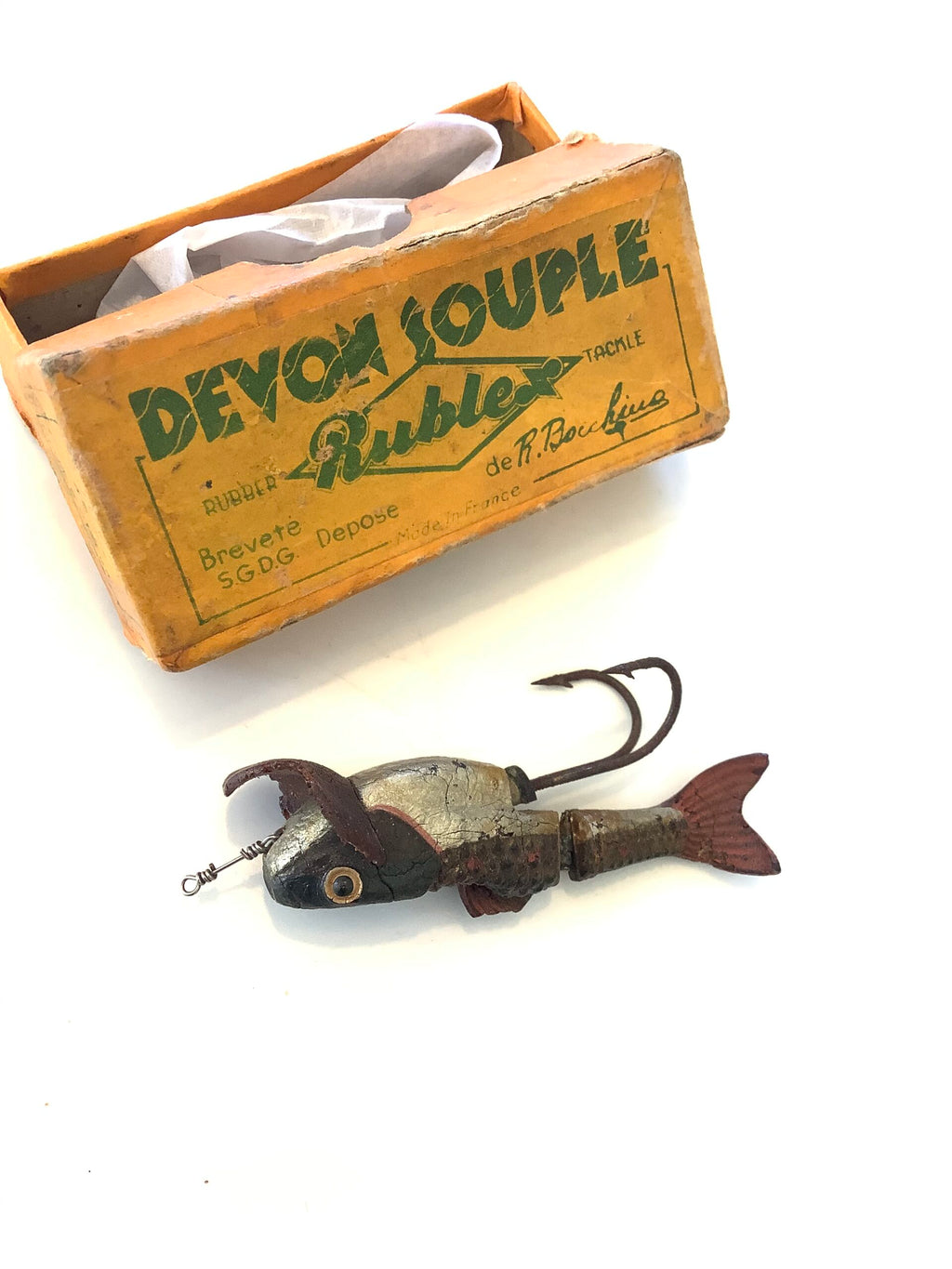Rare Vintage “ PLUCKY” Devon Souple Rublex jointed minnow boxed