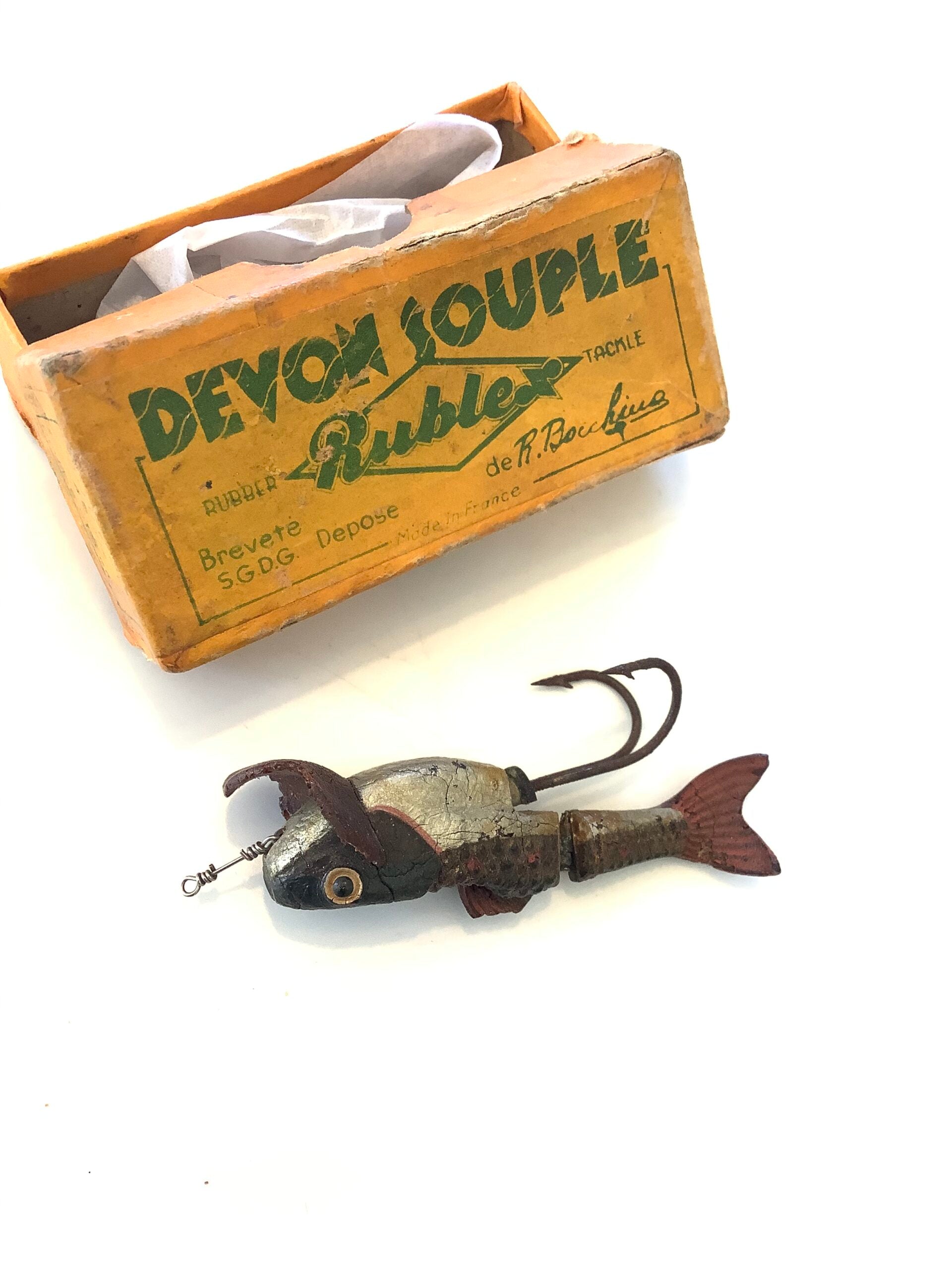 Rare Vintage “ PLUCKY” Devon Souple Rublex jointed minnow boxed
