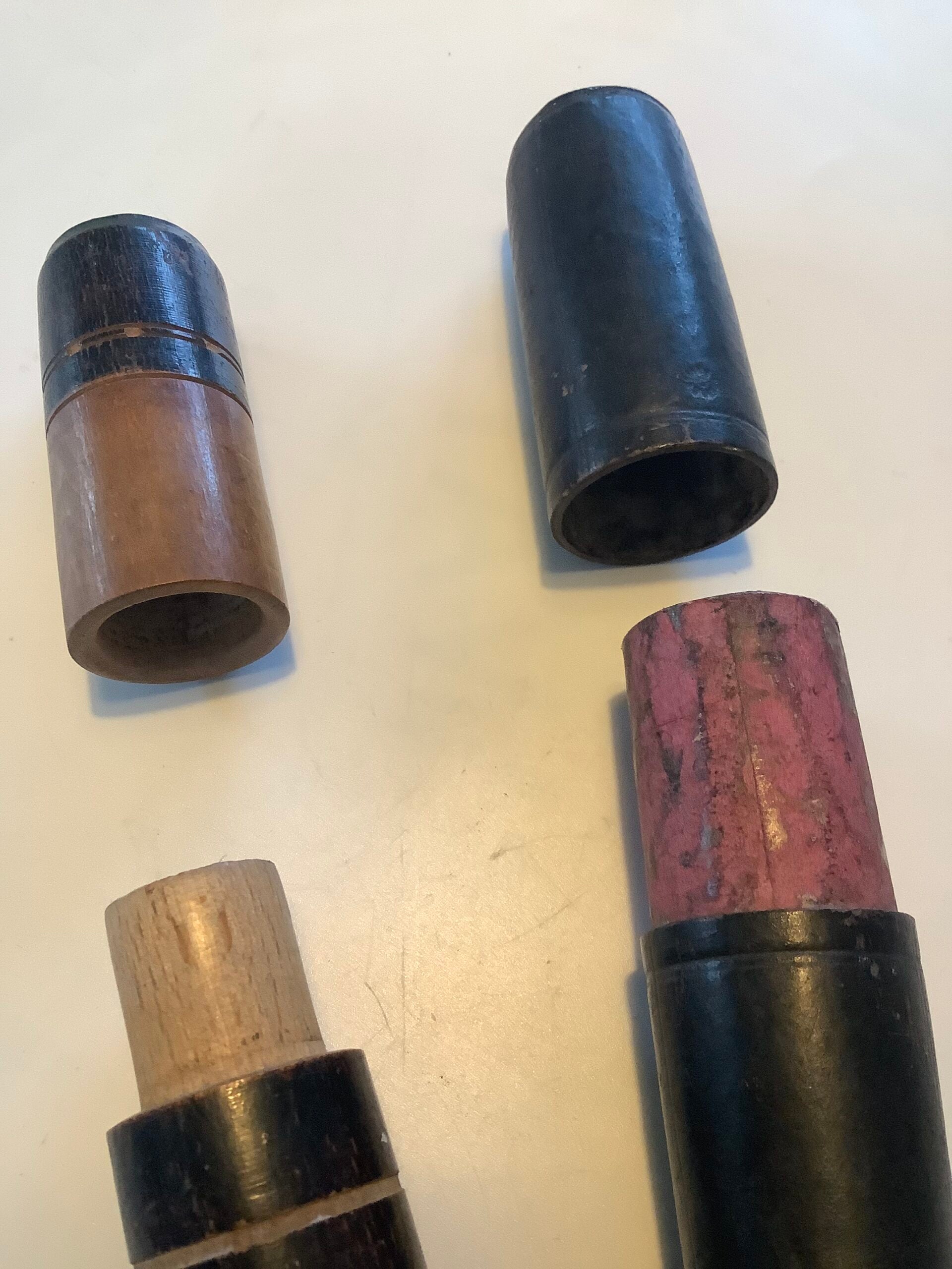 Rare Antique Leather Turned Wood Fishing Float Holders with early starburst stamps