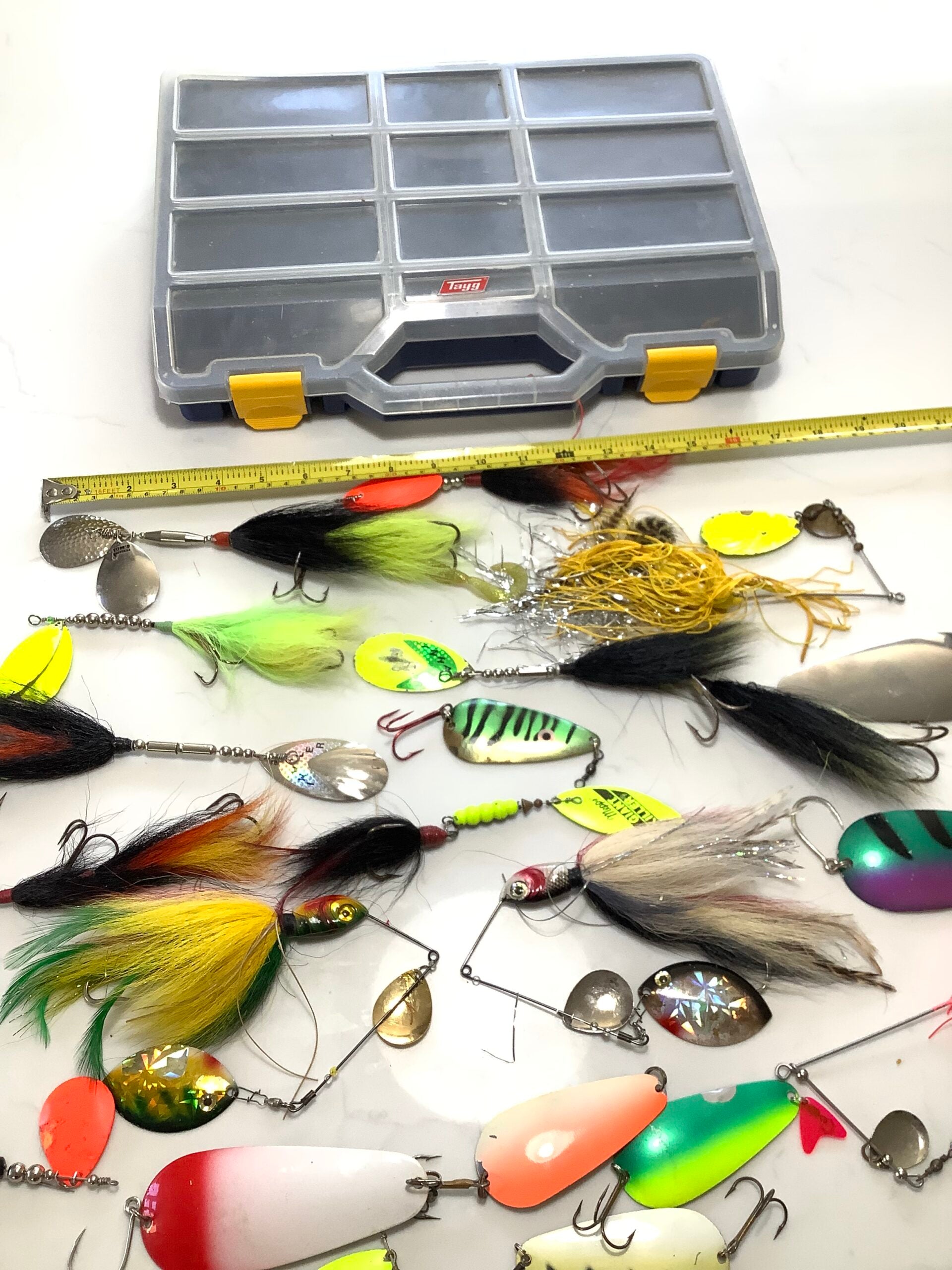 A selection of Large Pike spinners, spinnerbaits and bucktails, spoons, with box.