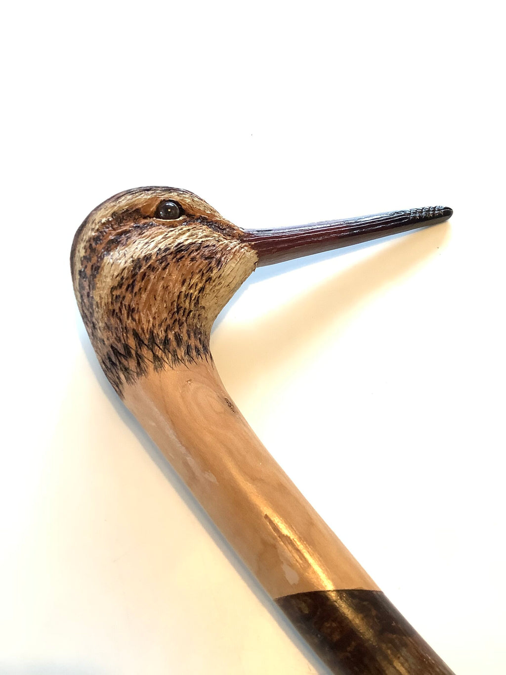 A Stunning Ian Taylor Hand Carved Painted SNIPE walking Stick, MAKER TO THE QUEEN