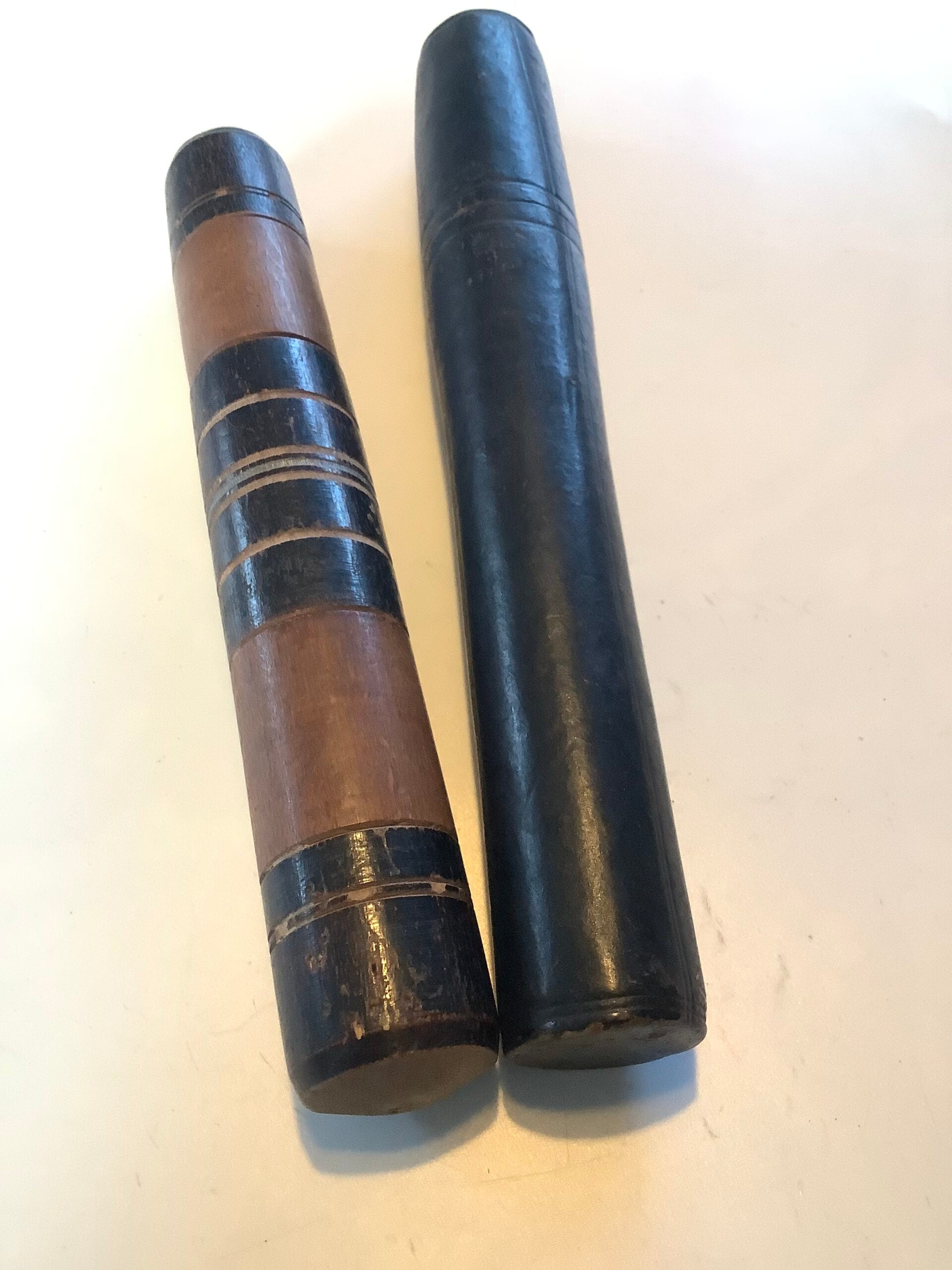 Rare Antique Leather Turned Wood Fishing Float Holders with early starburst stamps