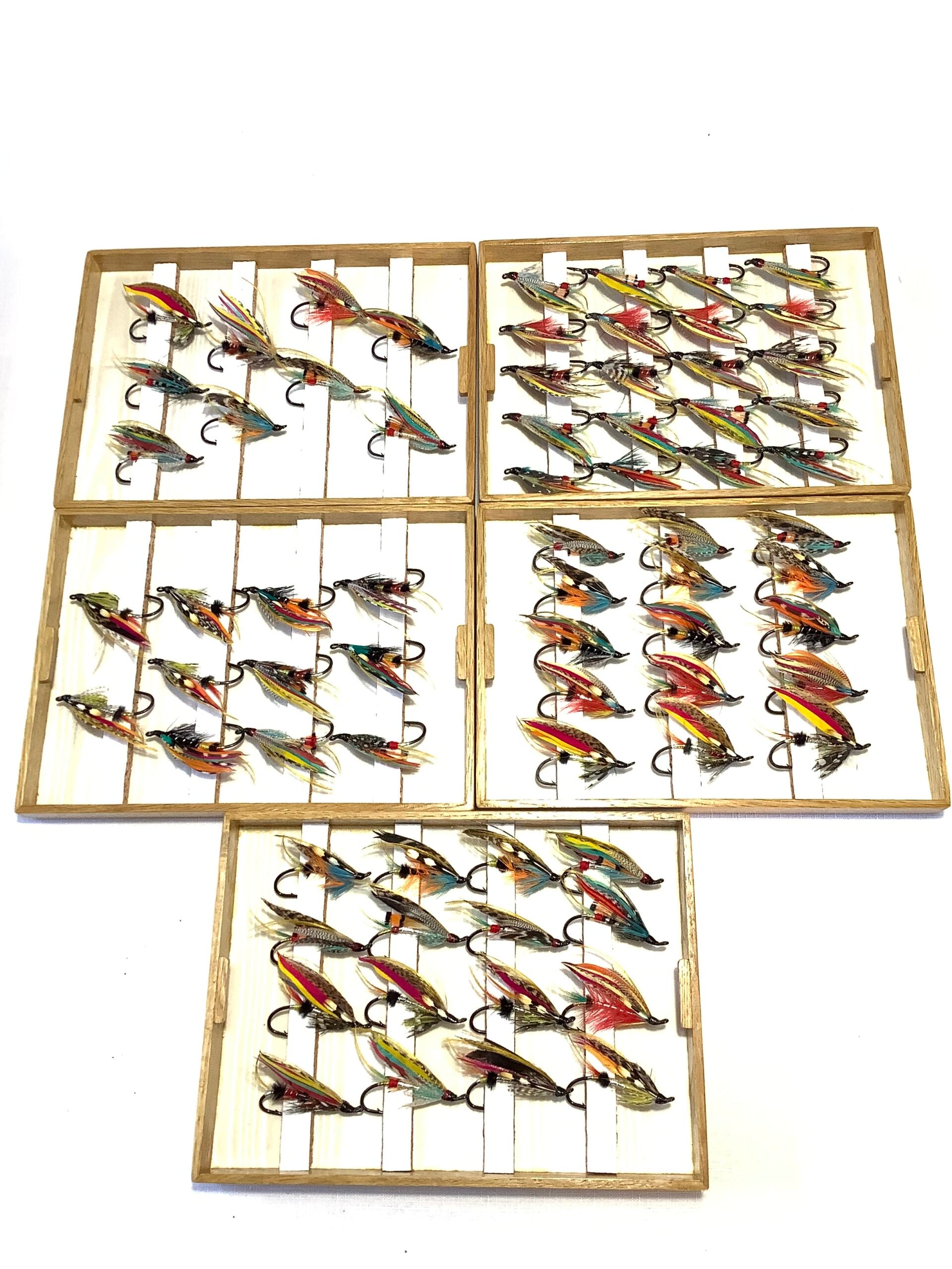 Highest Quality PETER LOAM Hand Crafted Solid Oak Cabinet with Leather Case Salmon Fly Case + Fully Dressed Traditional Classic Salmon Flies