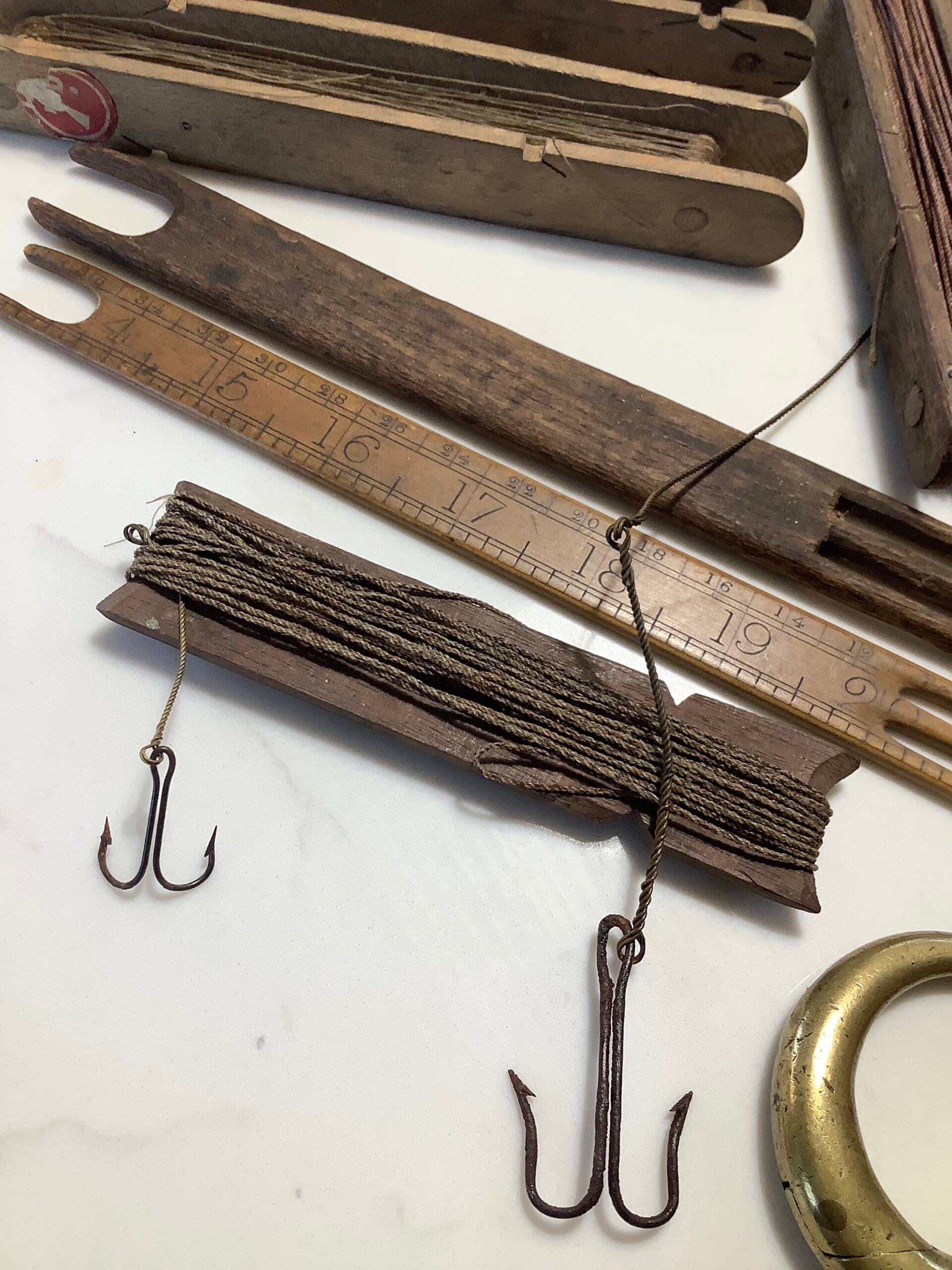 Antique very early collection of Floats Line winders ( Horsehair line) with hooks and Brass clearing ring